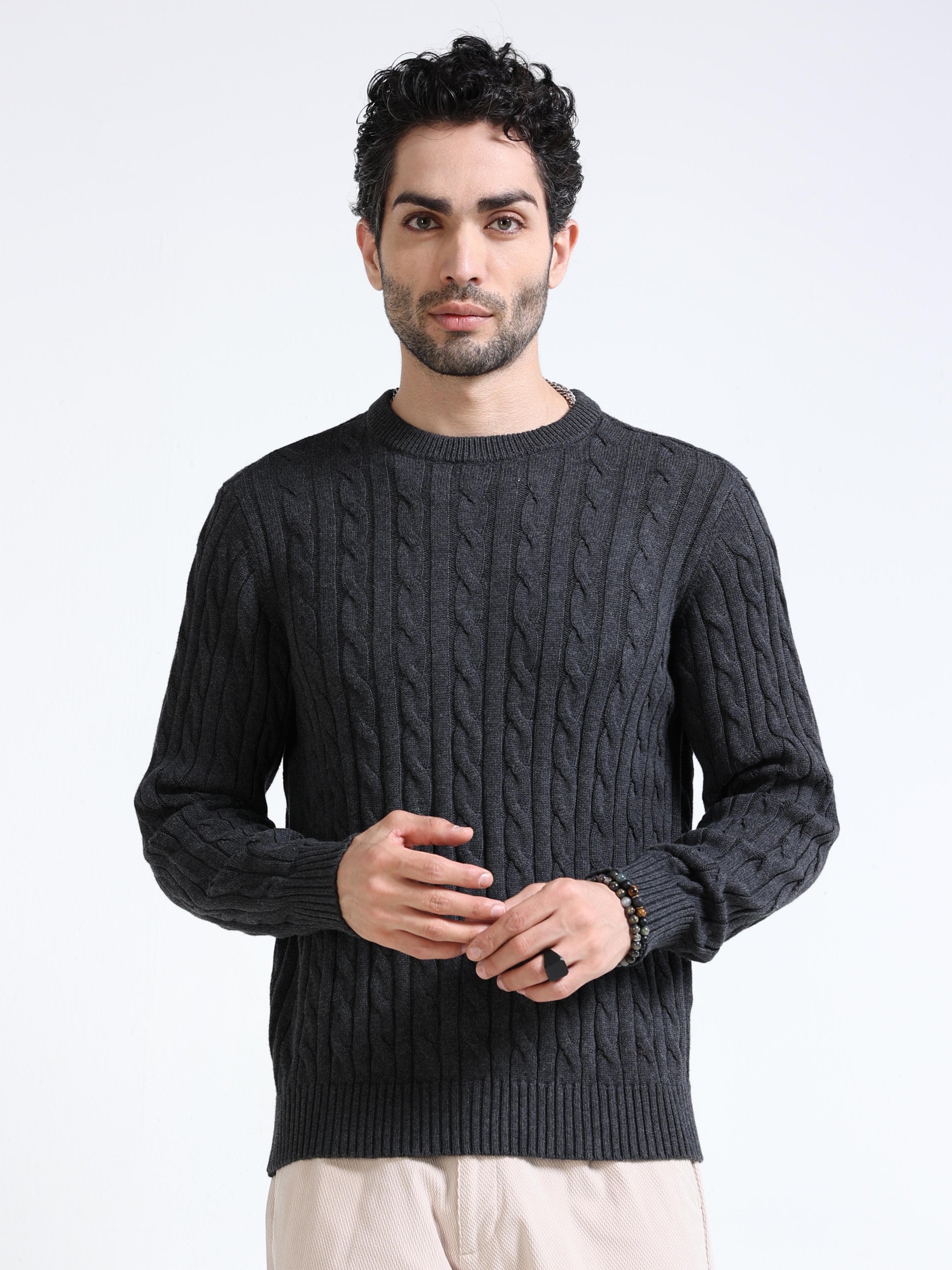 Men Grey Cable Knit Sweater