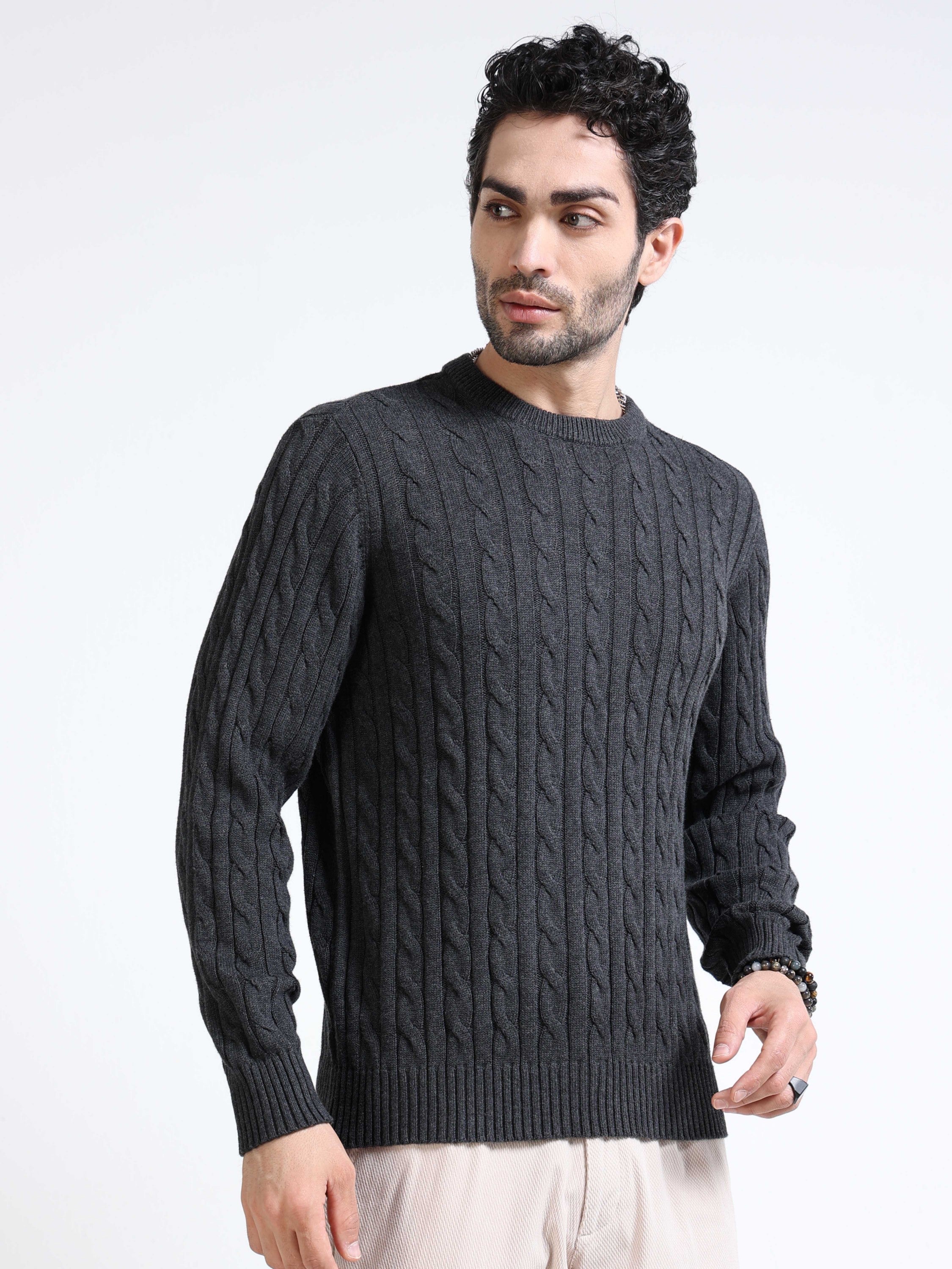 Men Grey Cable Knit Sweater