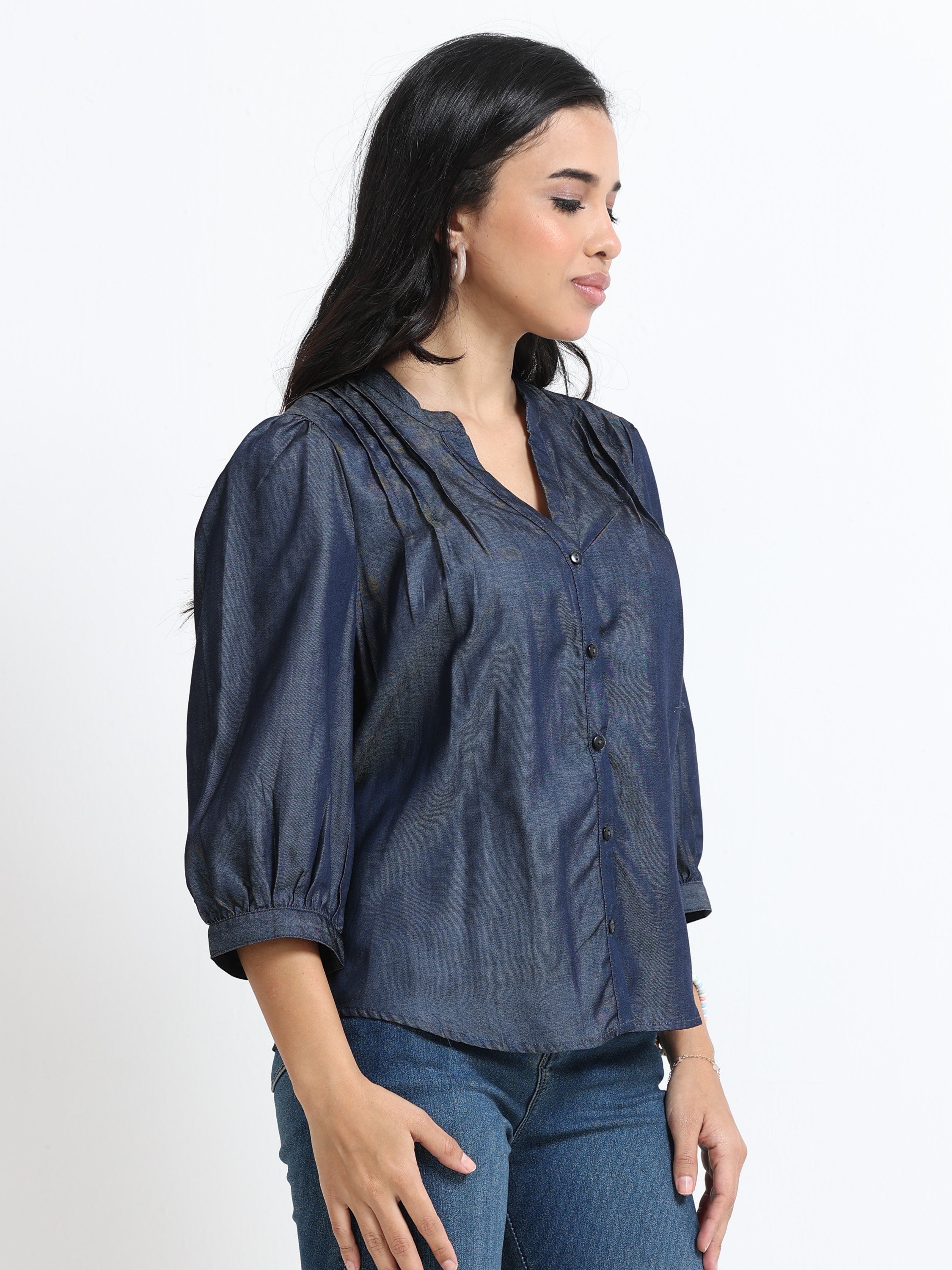 Women Denim Look Pintuck V-Neck Top