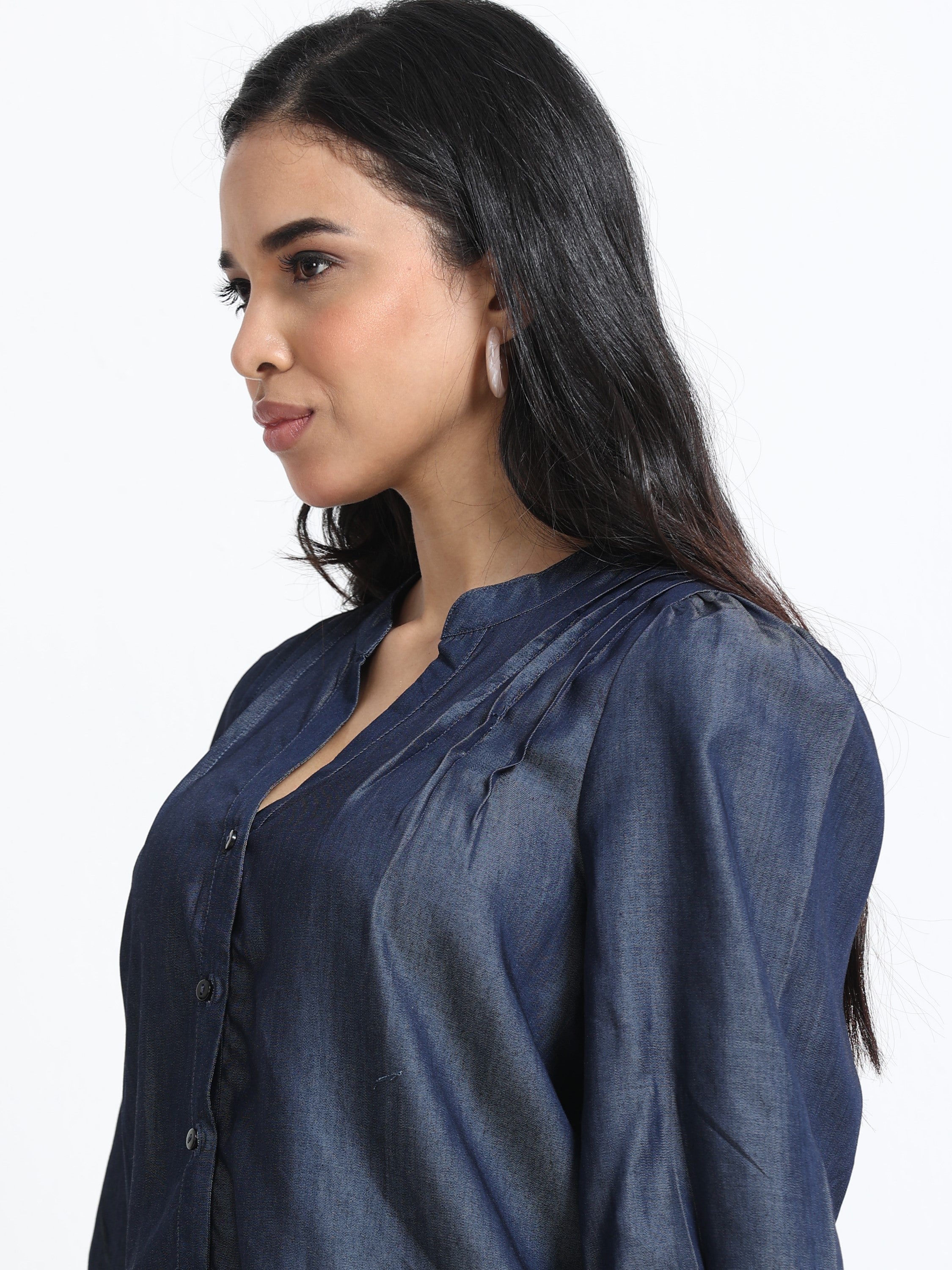 Women Denim Look Pintuck V-Neck Top