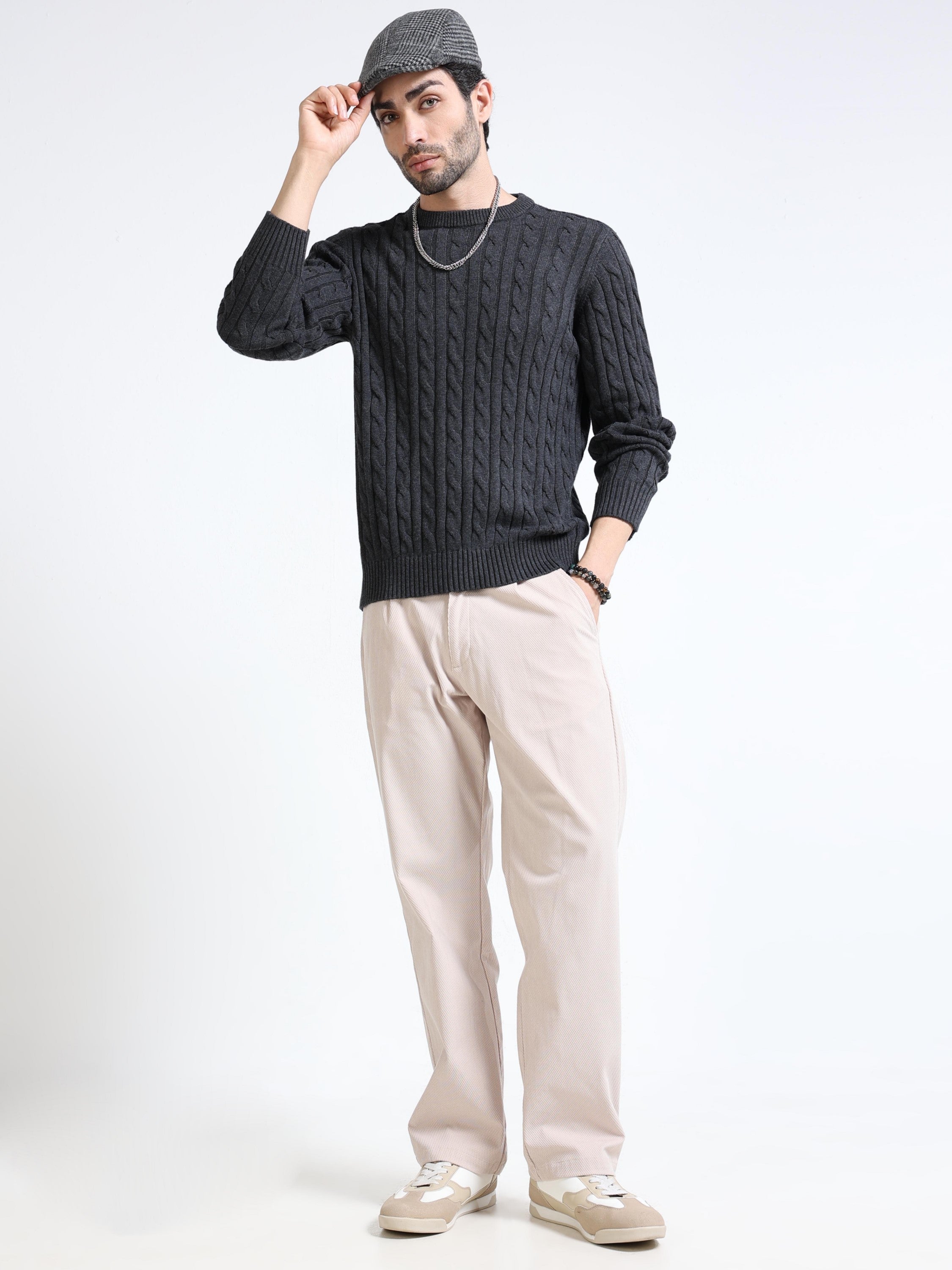 Men Grey Cable Knit Sweater
