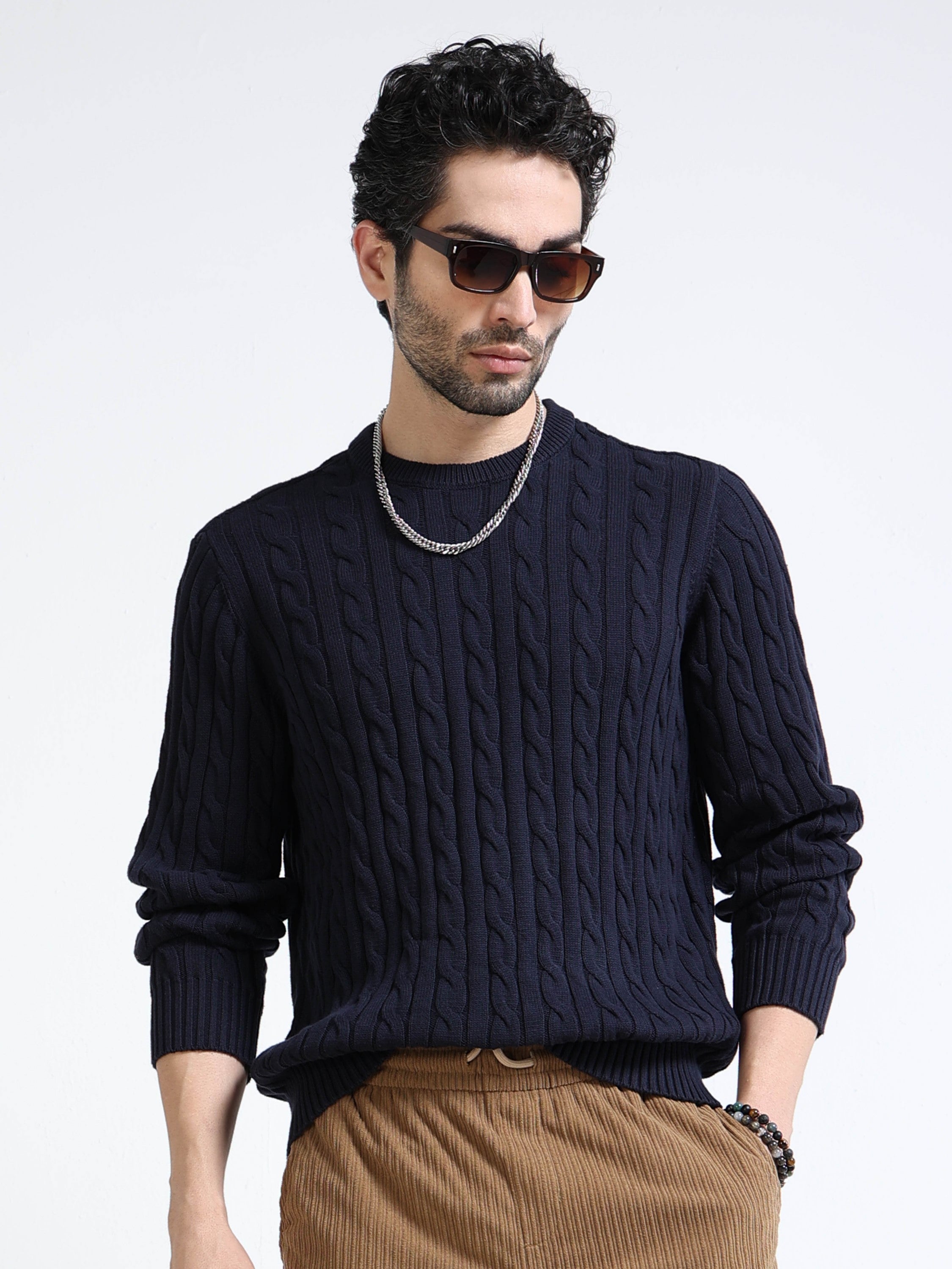 Men Navy Cable Knit Sweater