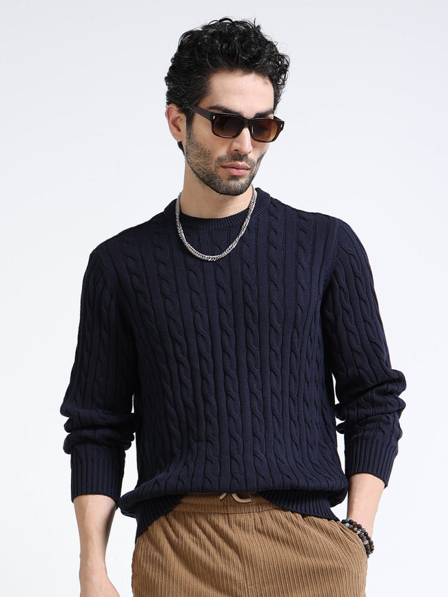 Men Navy Cable Knit Sweater