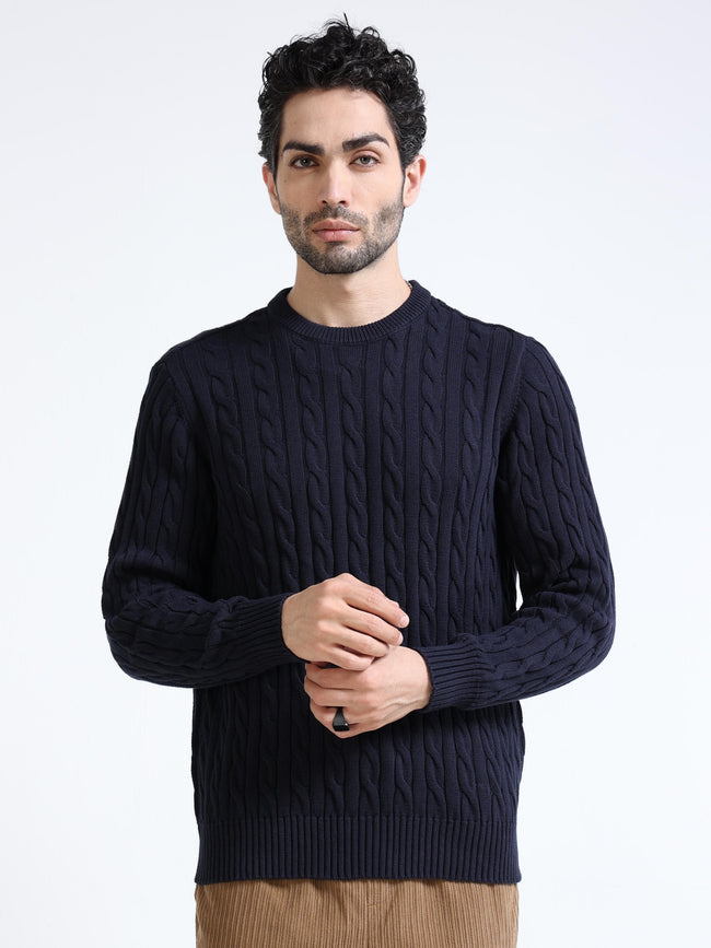 Men Navy Cable Knit Sweater