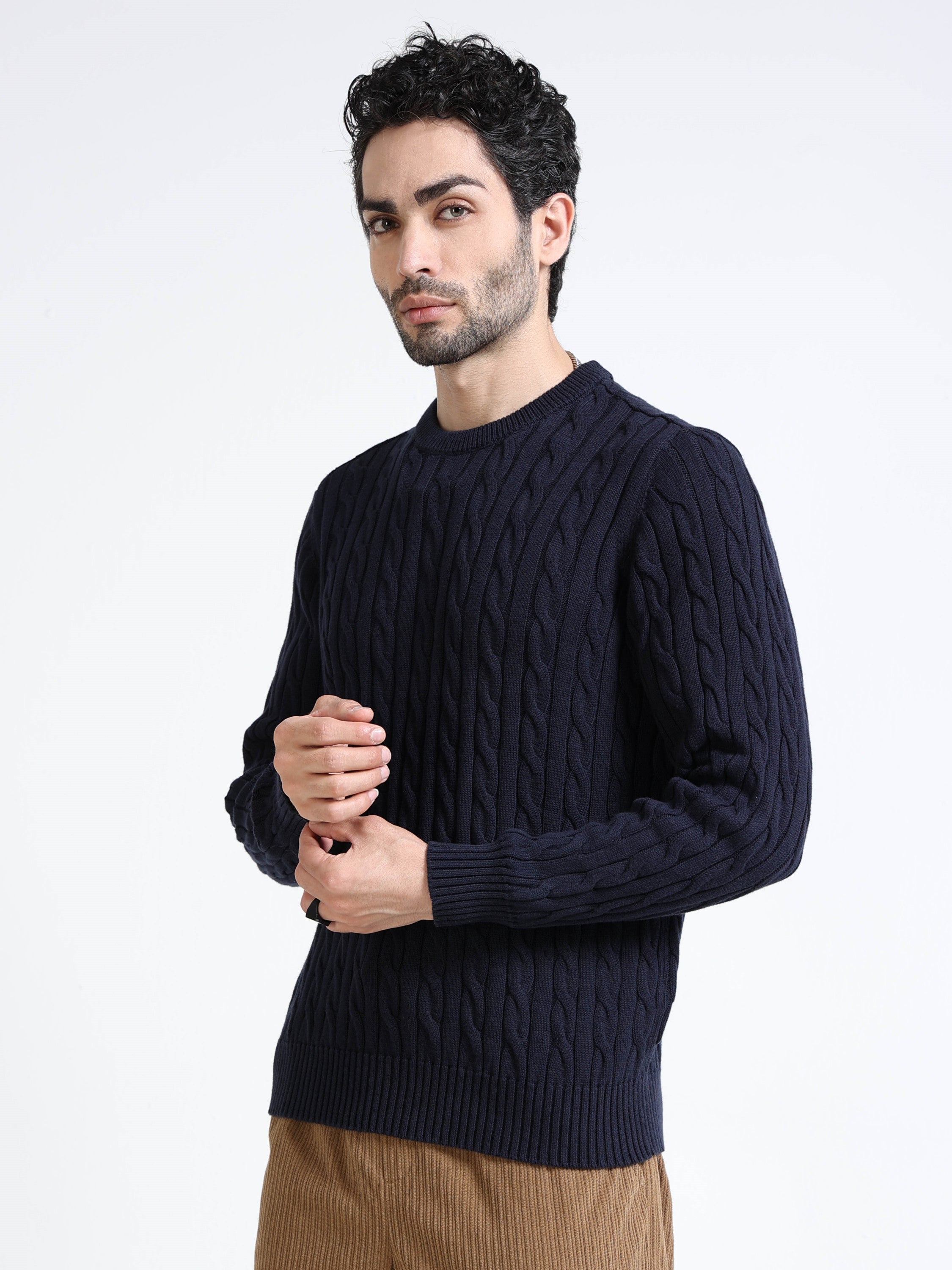 Men Navy Cable Knit Sweater