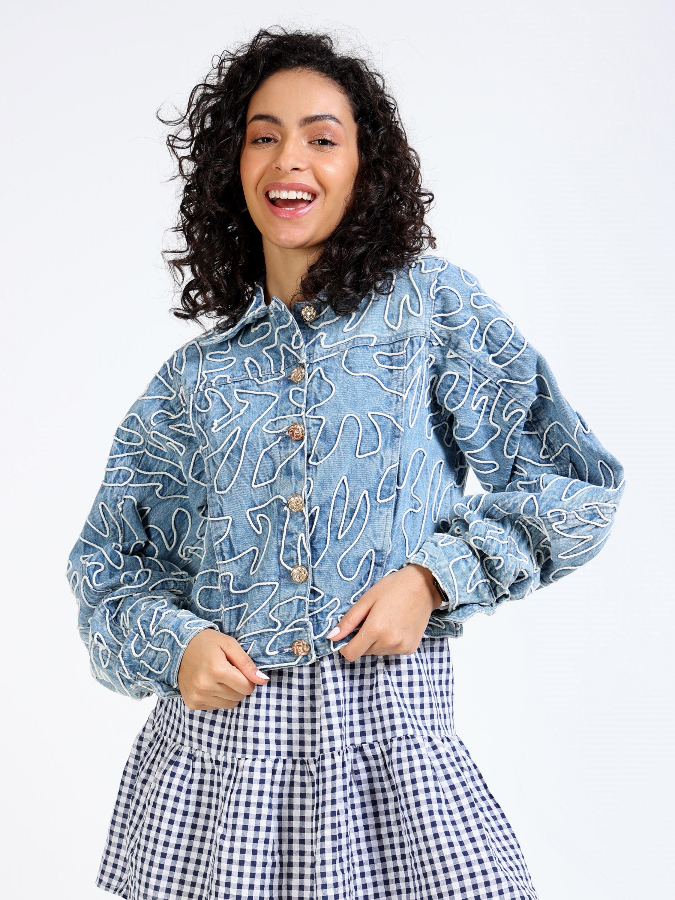 Women Blue Denim Embroidered Jacket