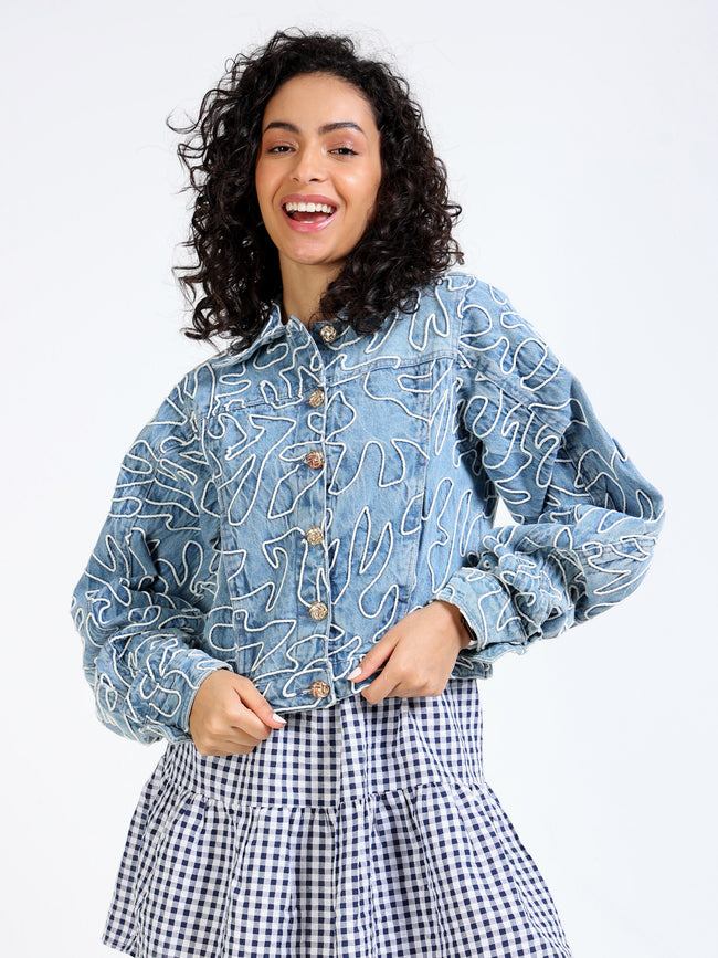 Women Blue Denim Embroidered Jacket