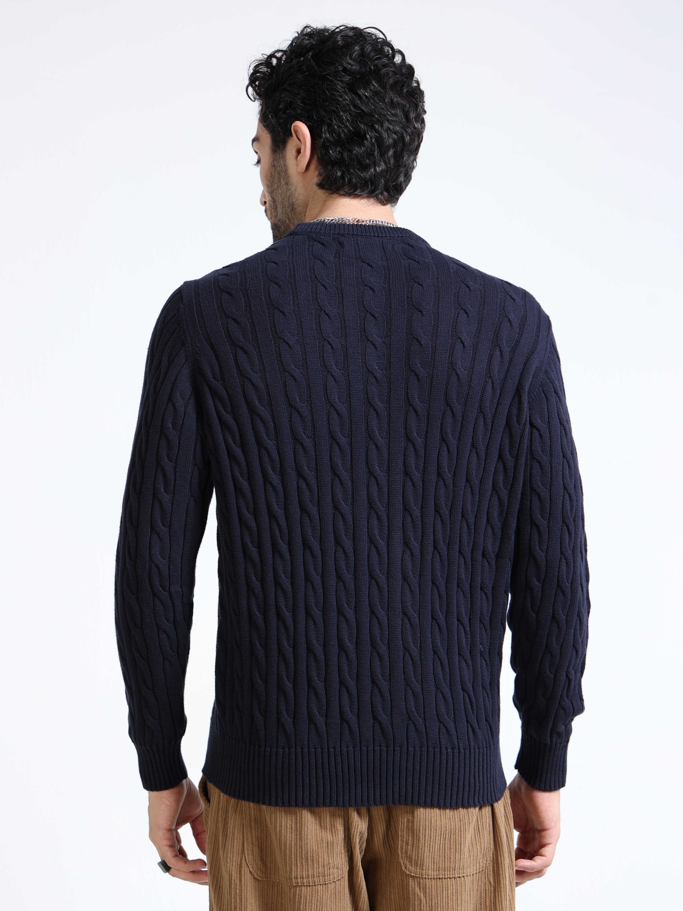 Men Navy Cable Knit Sweater