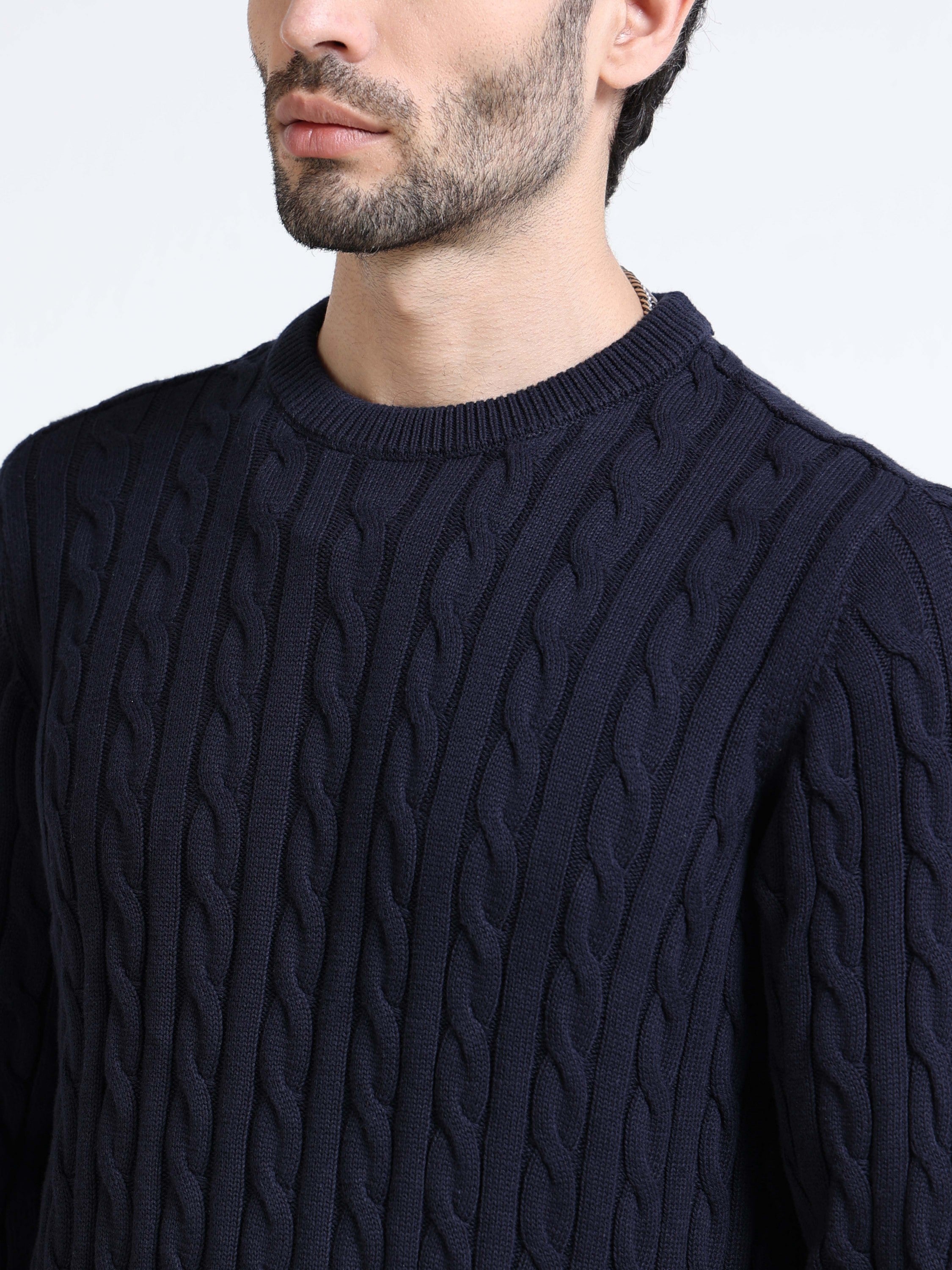 Men Navy Cable Knit Sweater