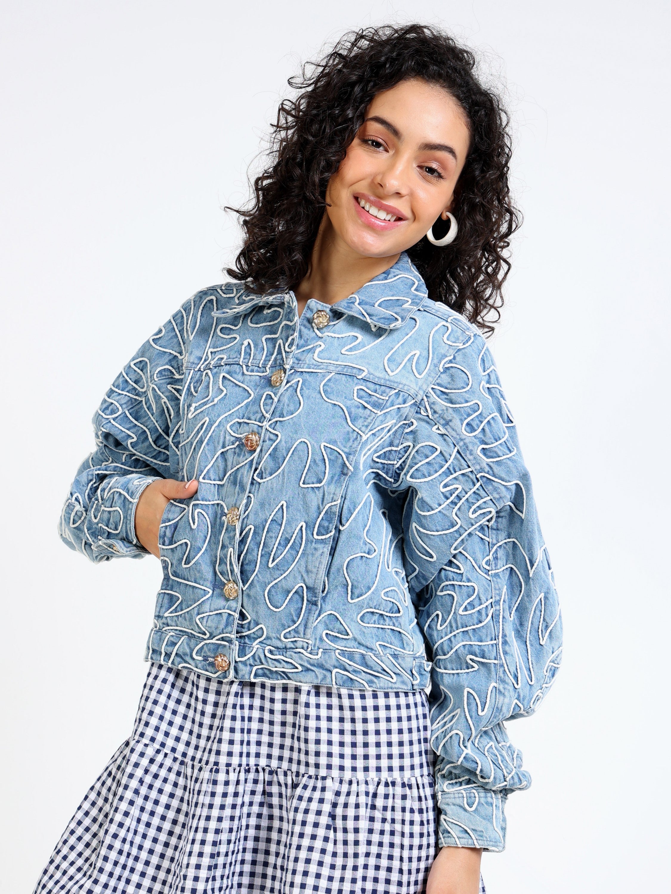 Women Blue Denim Embroidered Jacket
