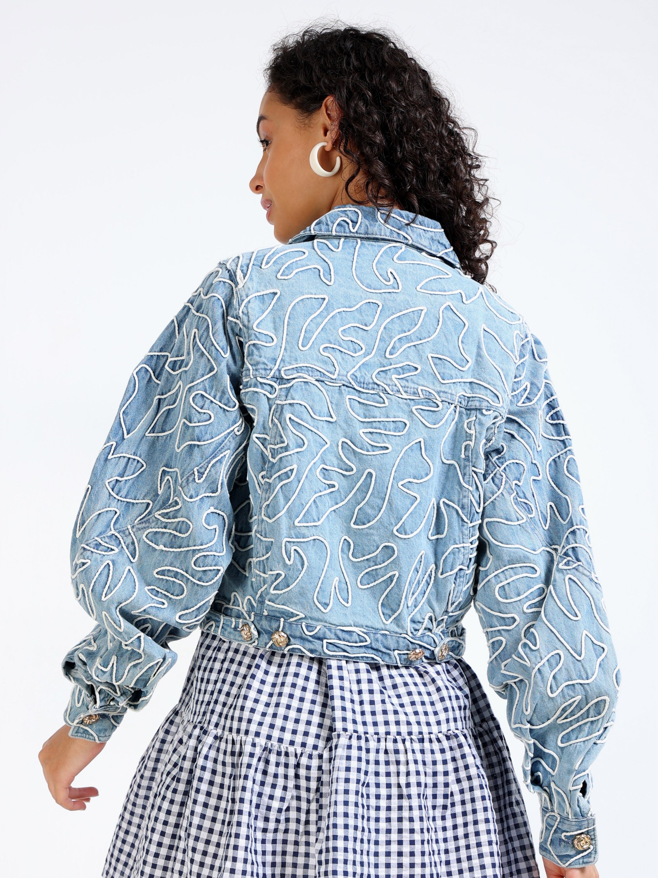 Women Blue Denim Embroidered Jacket