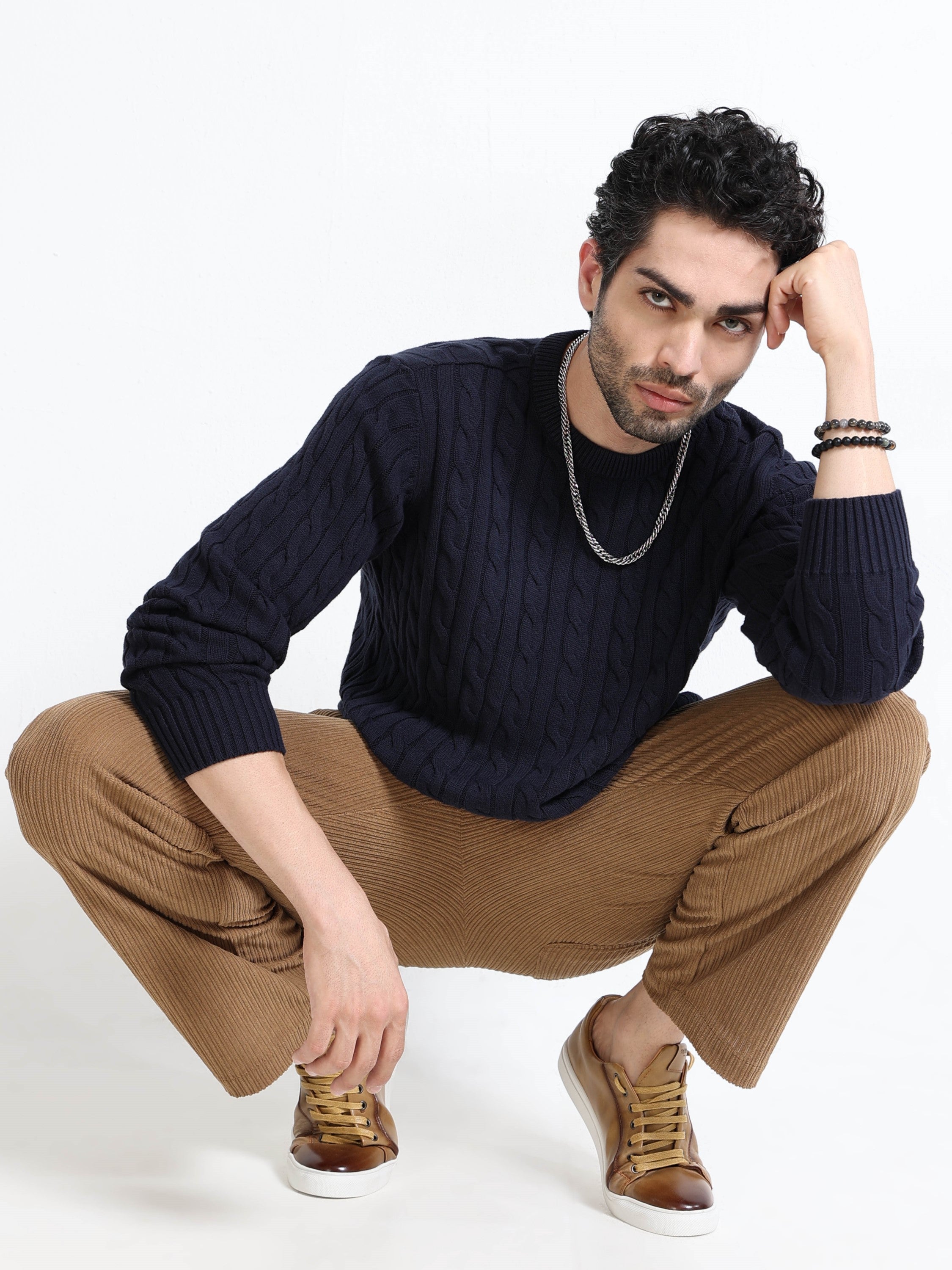 Men Navy Cable Knit Sweater