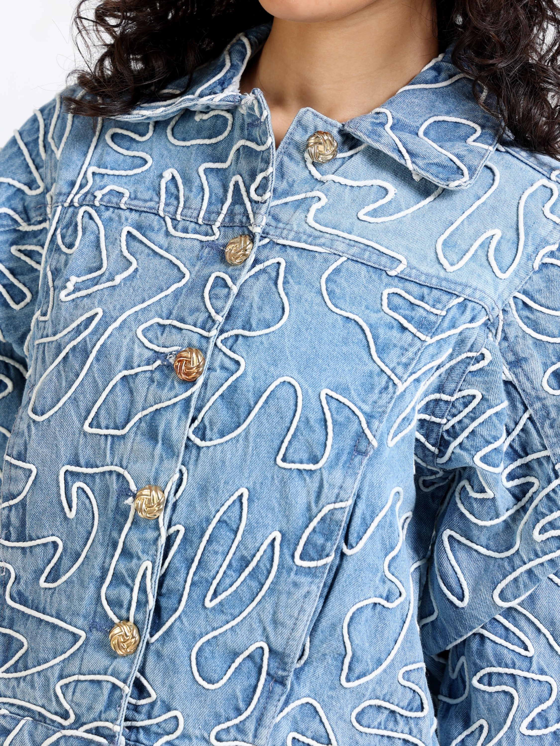 Women Blue Denim Embroidered Jacket
