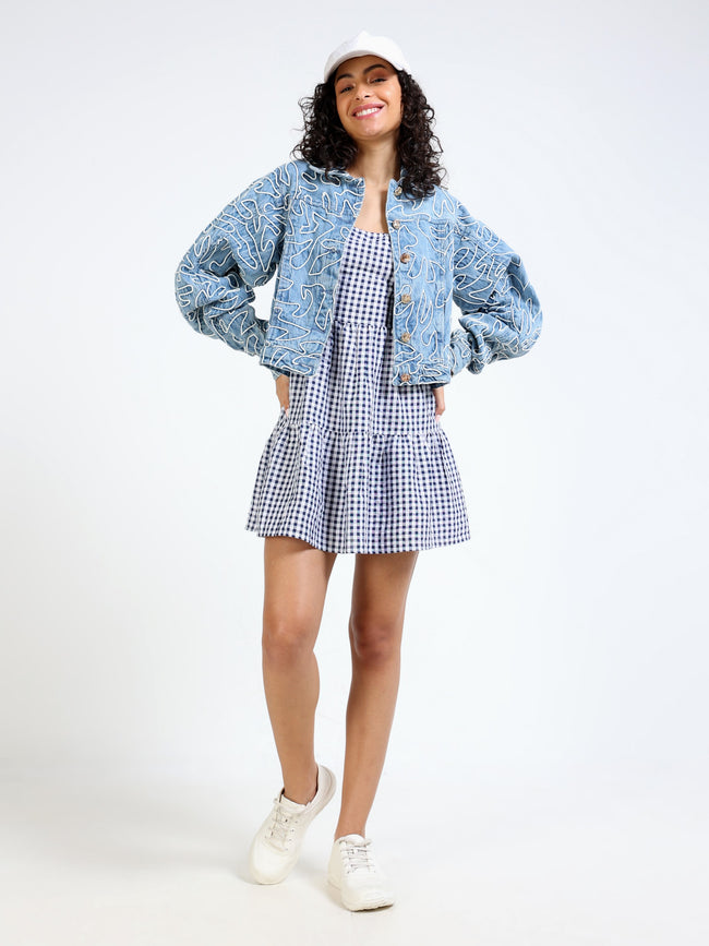 Women Blue Denim Embroidered Jacket