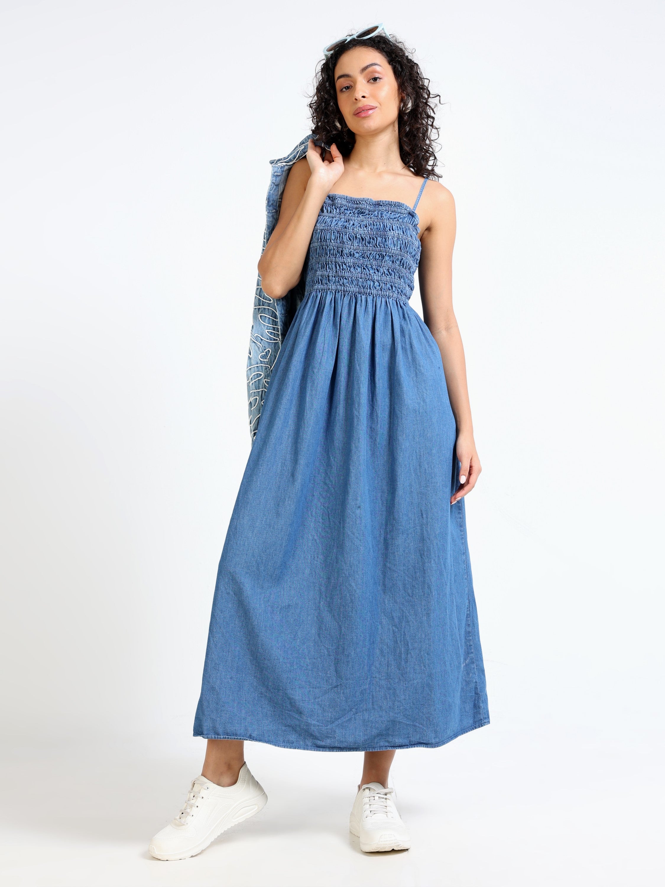 Women Denim Blue Smokked Fit & Flare Dress