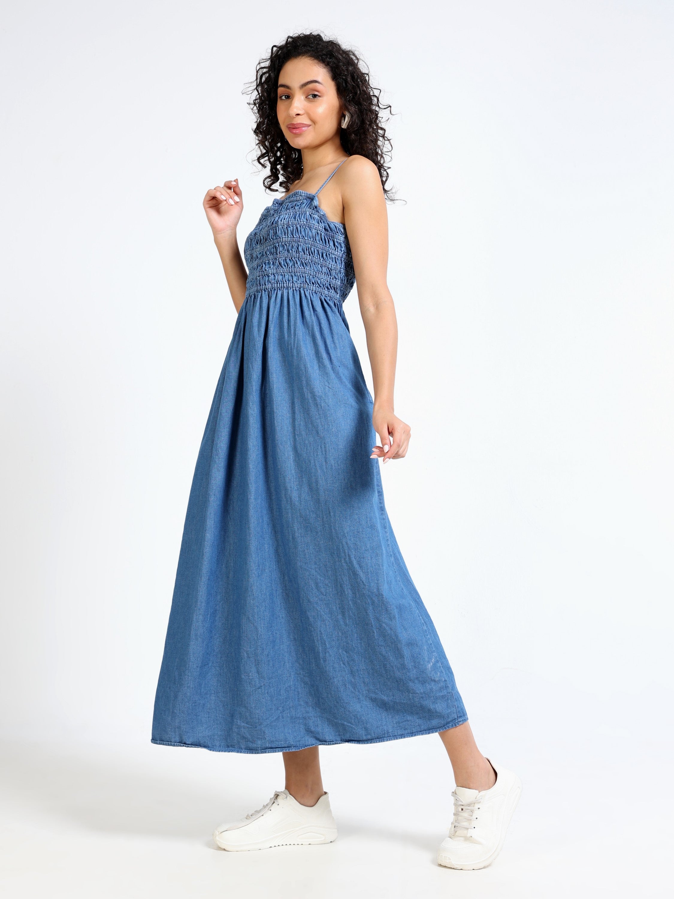 Women Denim Blue Smokked Fit & Flare Dress