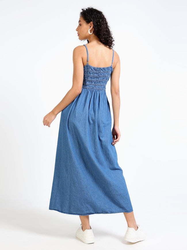 Women Denim Blue Smokked Fit & Flare Dress