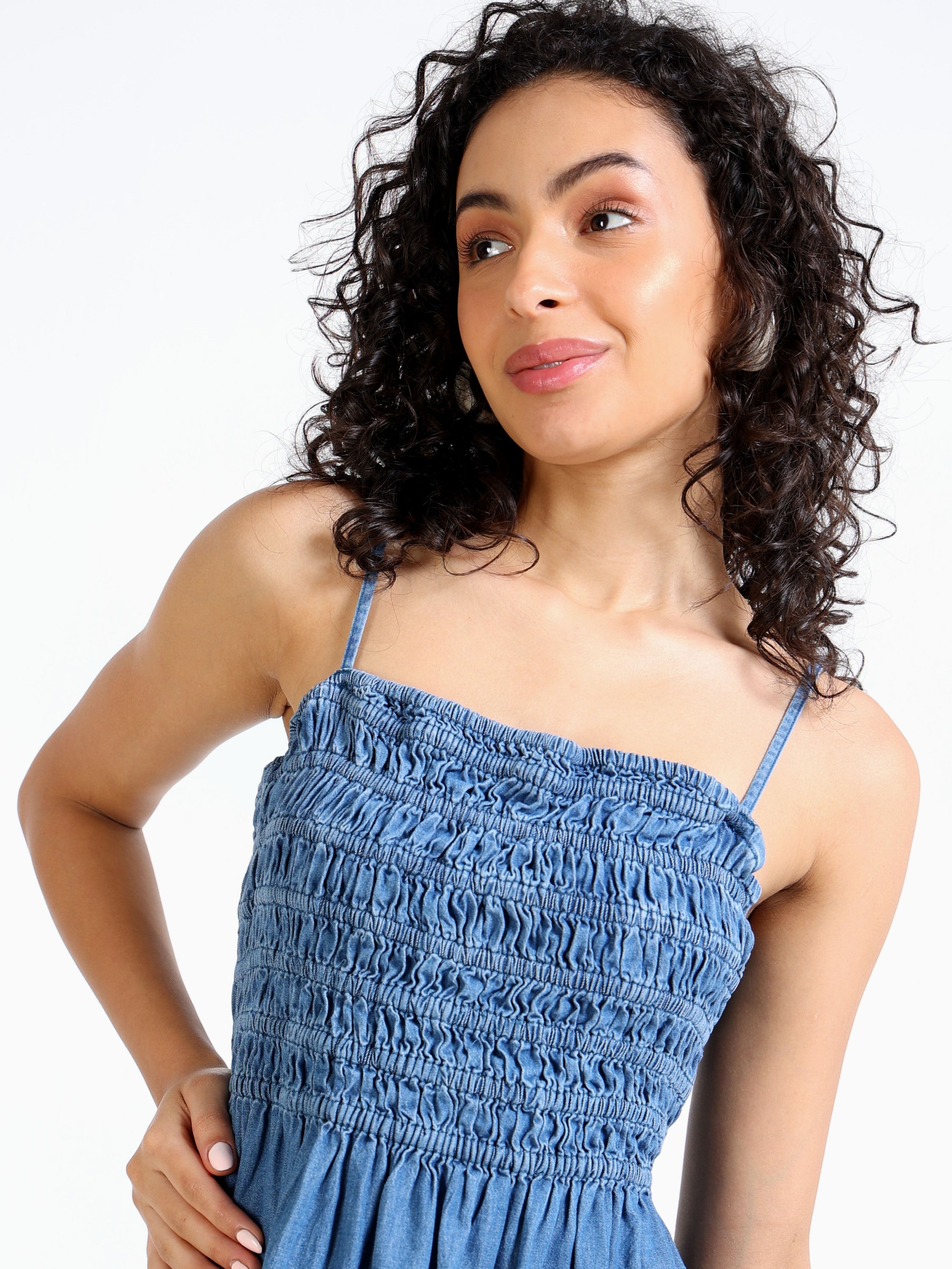 Women Denim Blue Smokked Fit & Flare Dress
