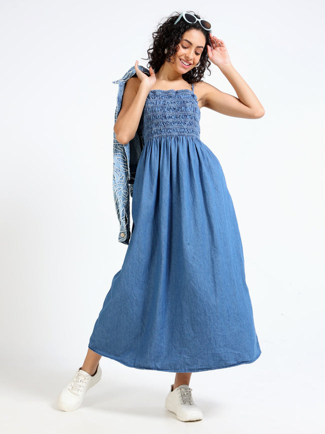 Women Denim Blue Smokked Fit & Flare Dress