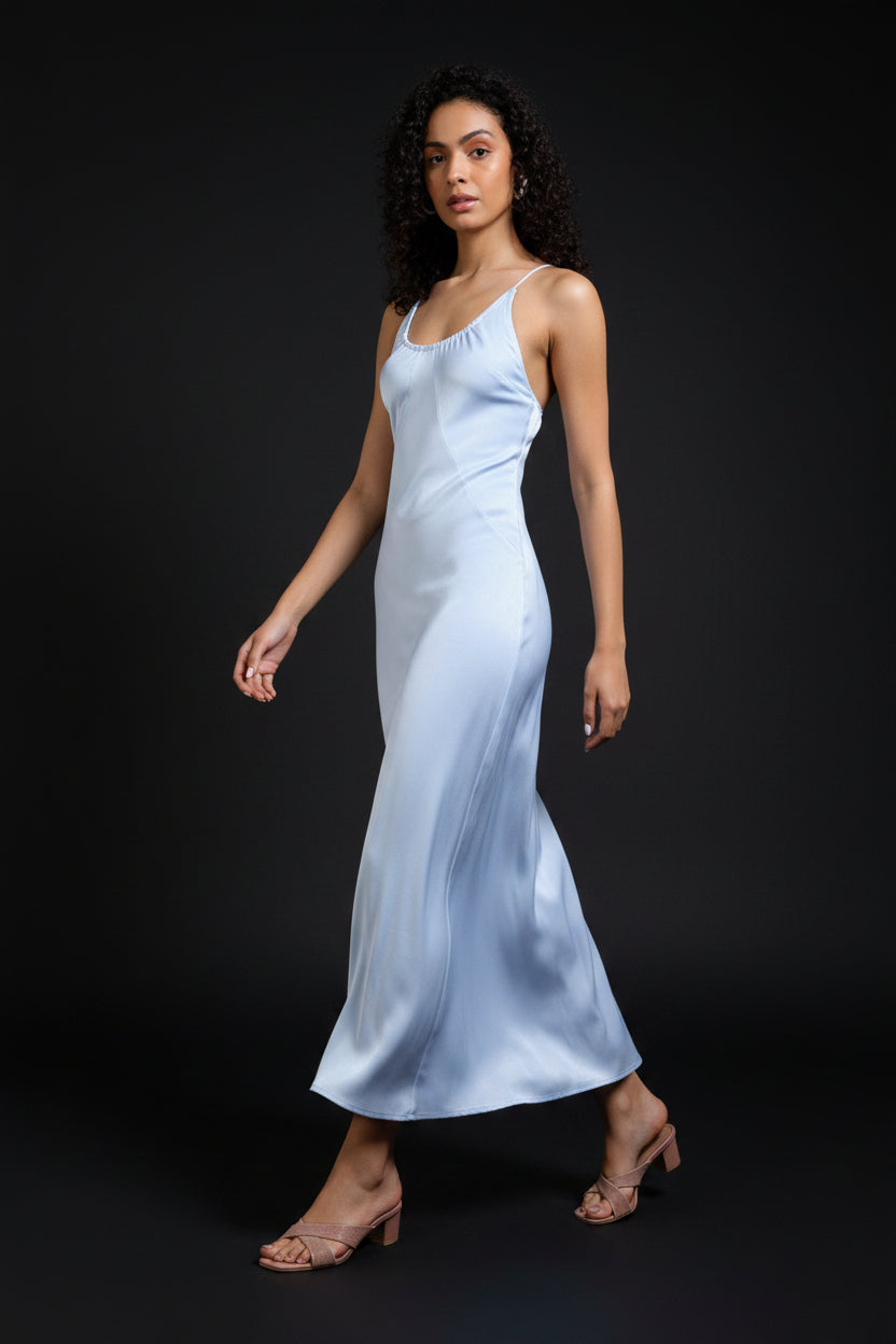 Women Blue Satin Party Dress