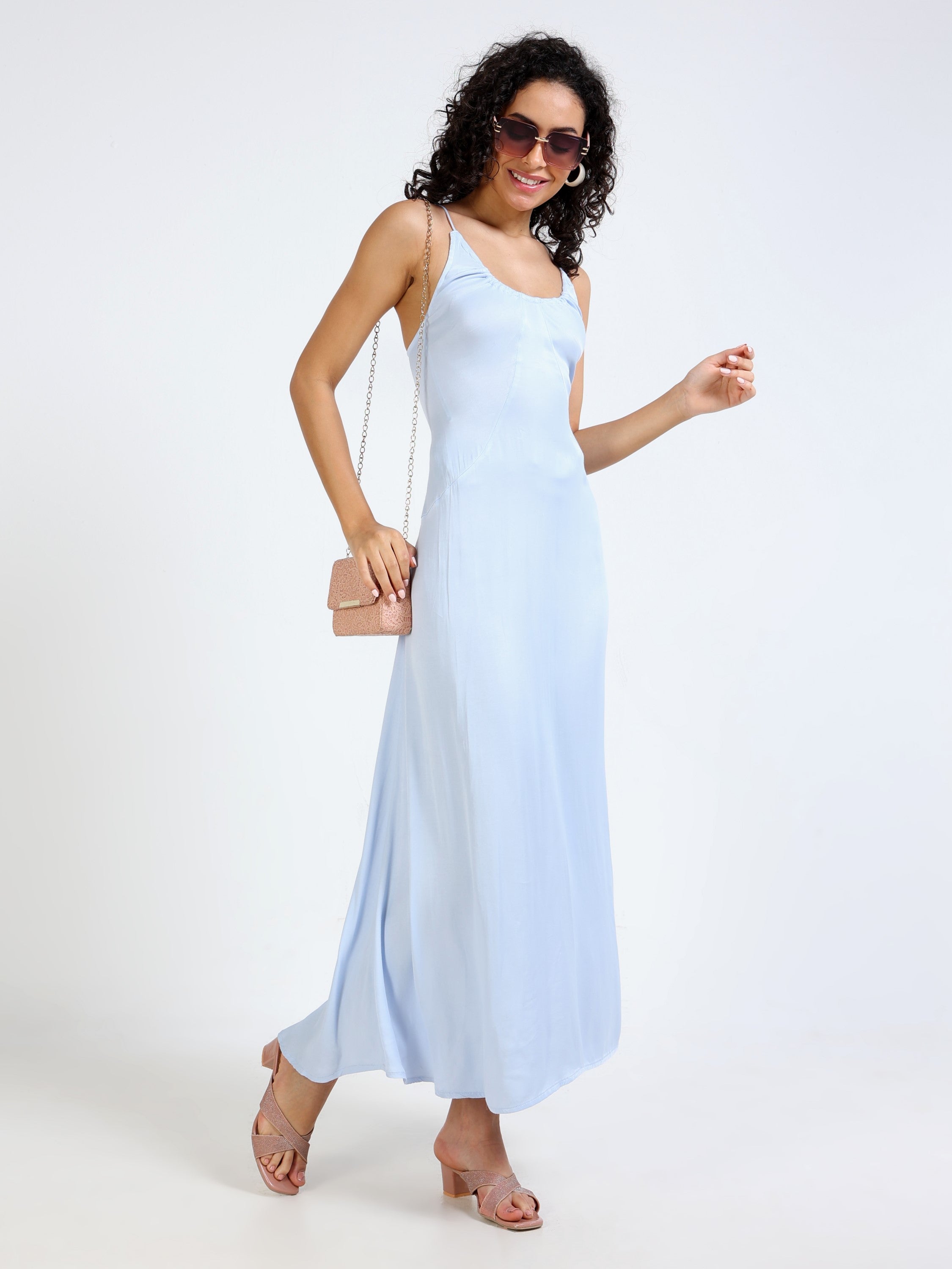 Women Light Blue Satin Party Dress