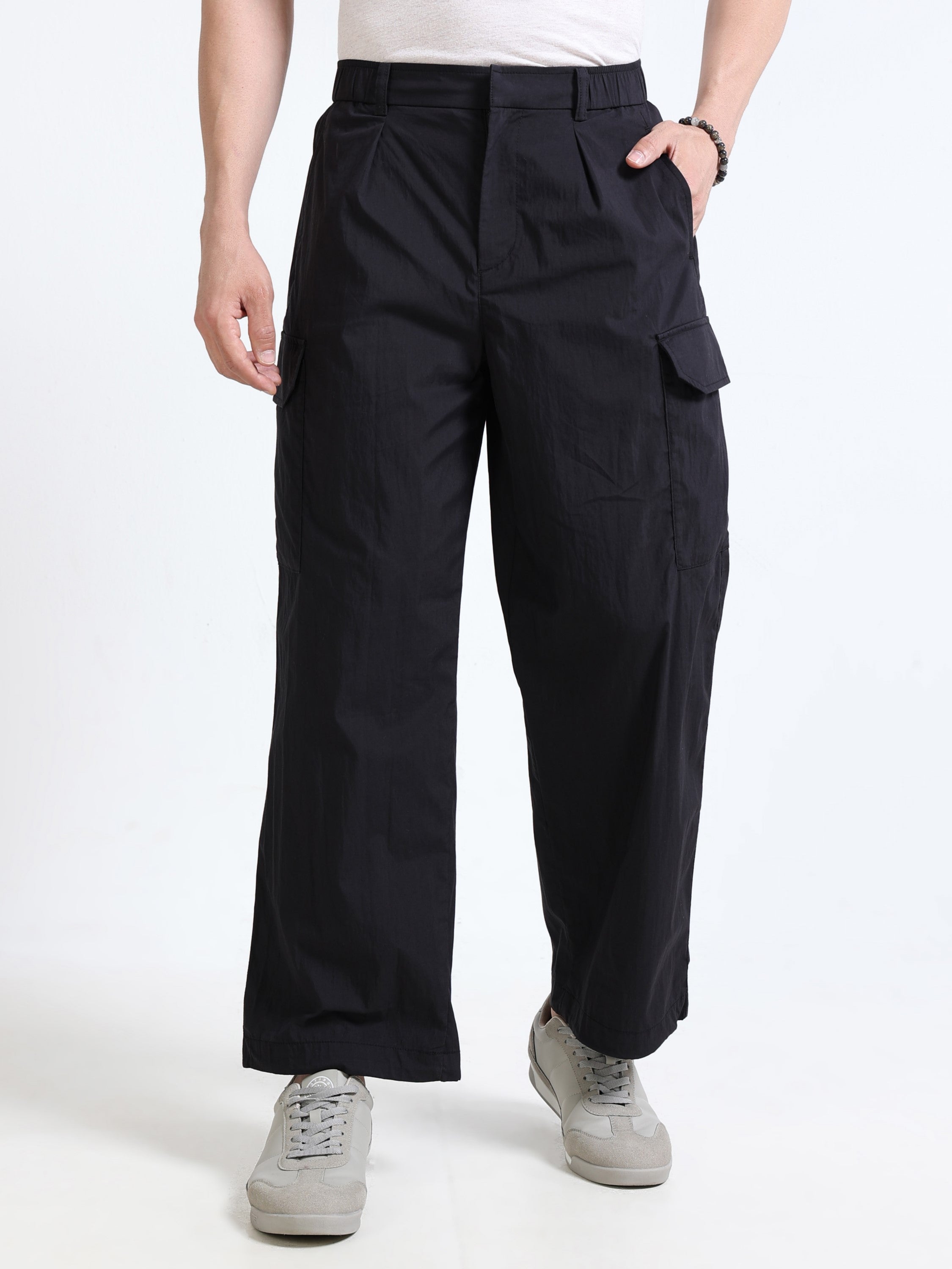 Men Black Parachute Cargo Pants