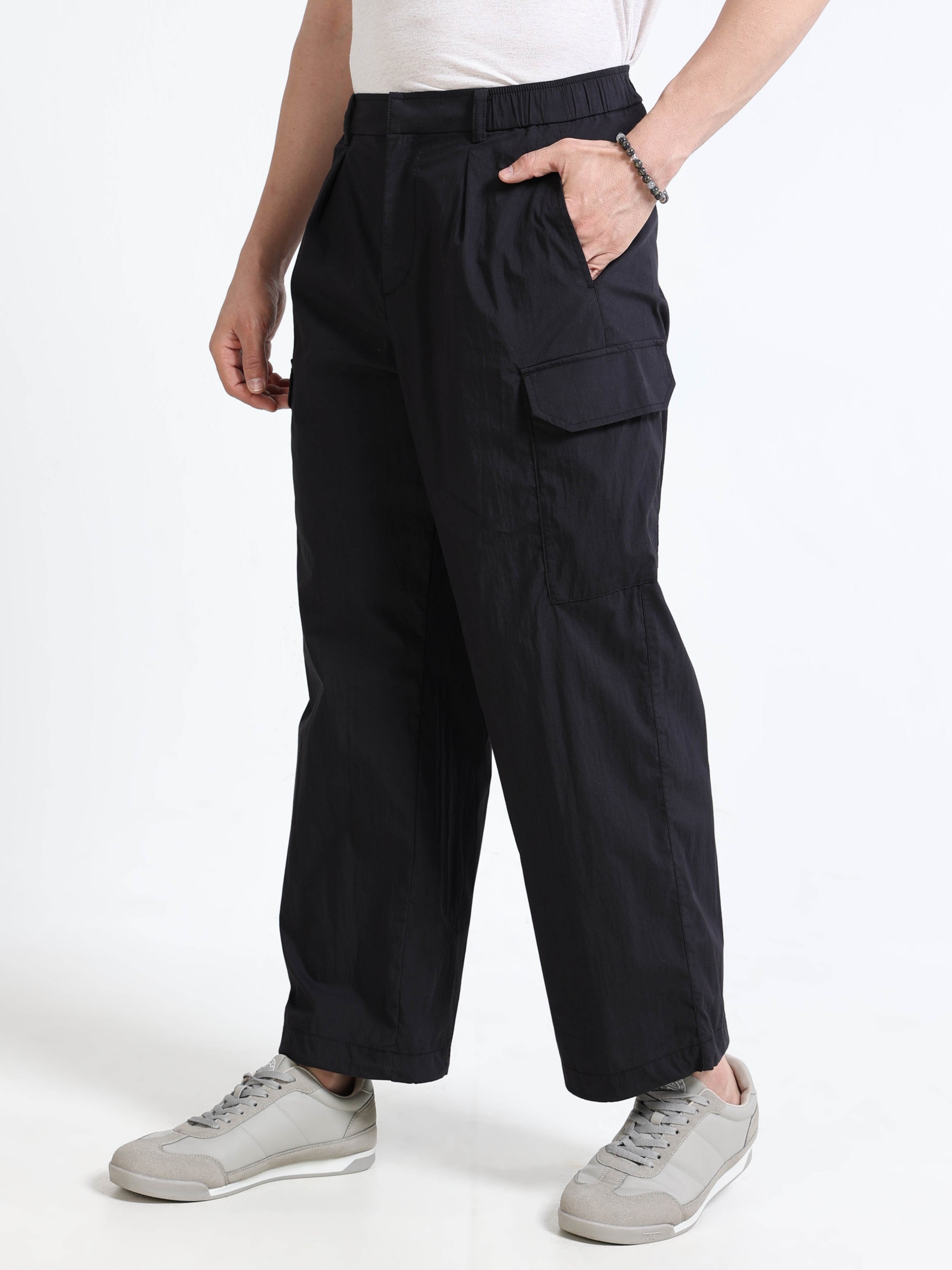 Men Black Parachute Cargo Pants
