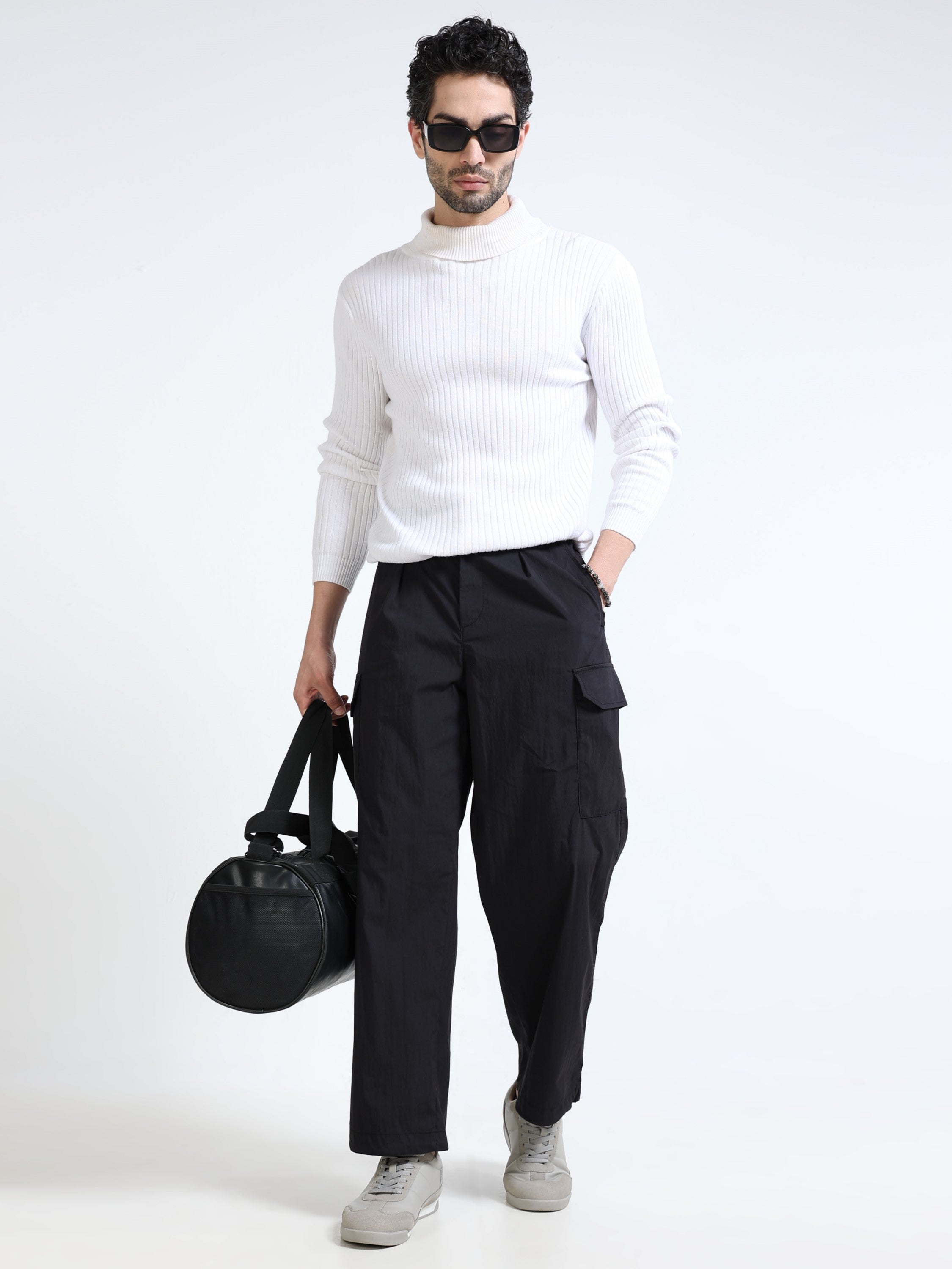 Men Black Parachute Cargo Pants