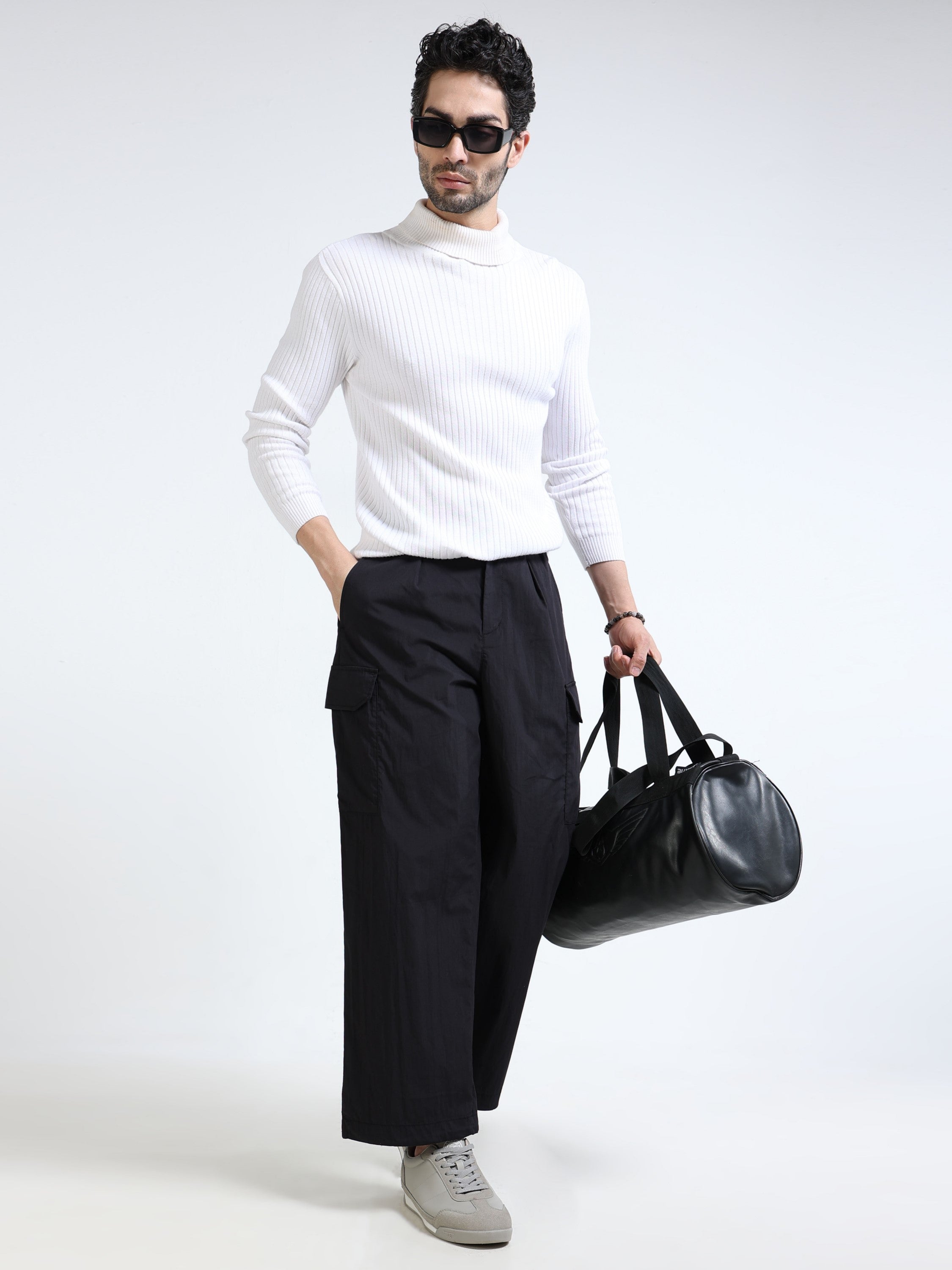 Men Black Parachute Cargo Pants