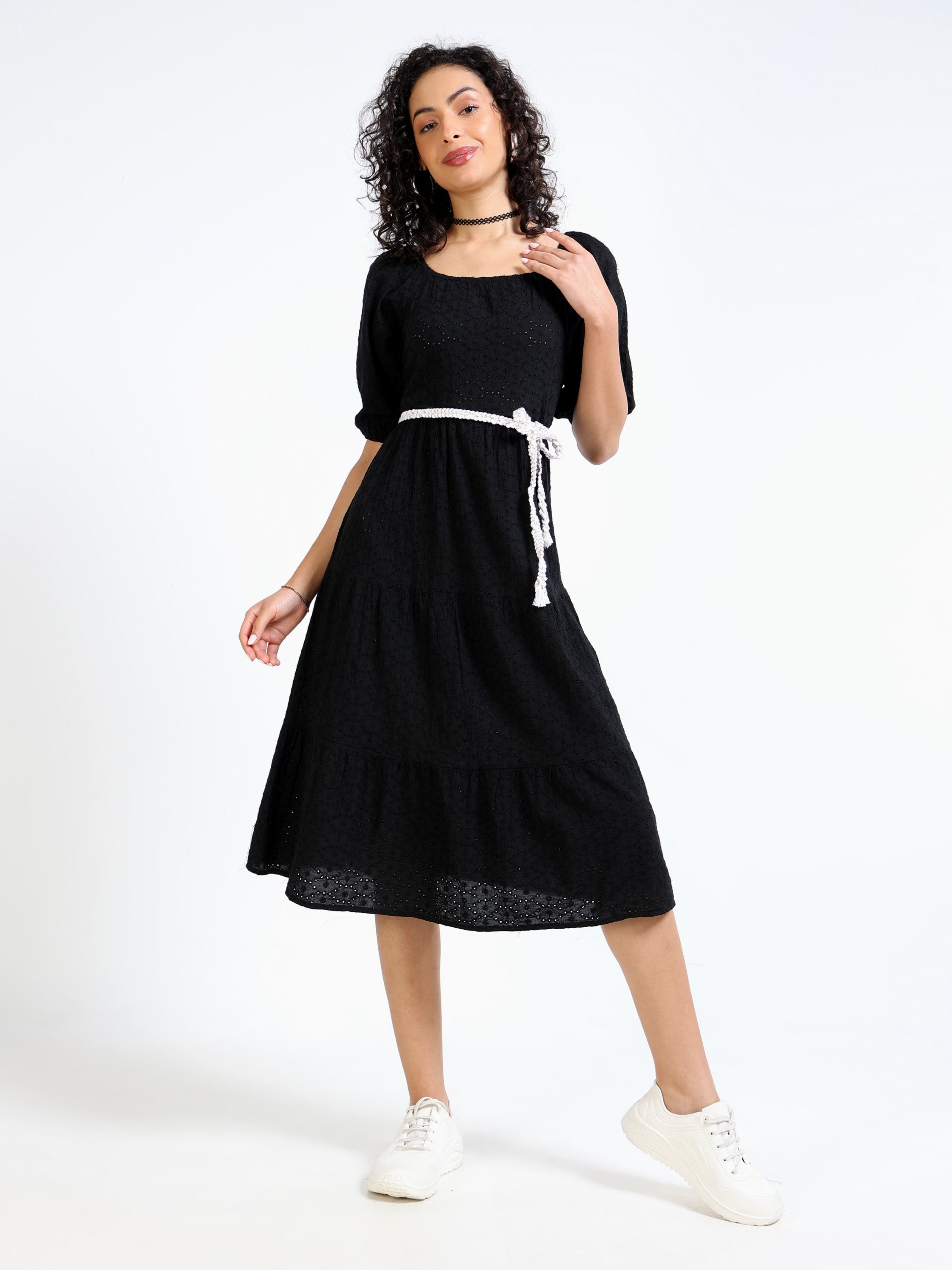 Women Black Shiffli Fit & Flare Dress