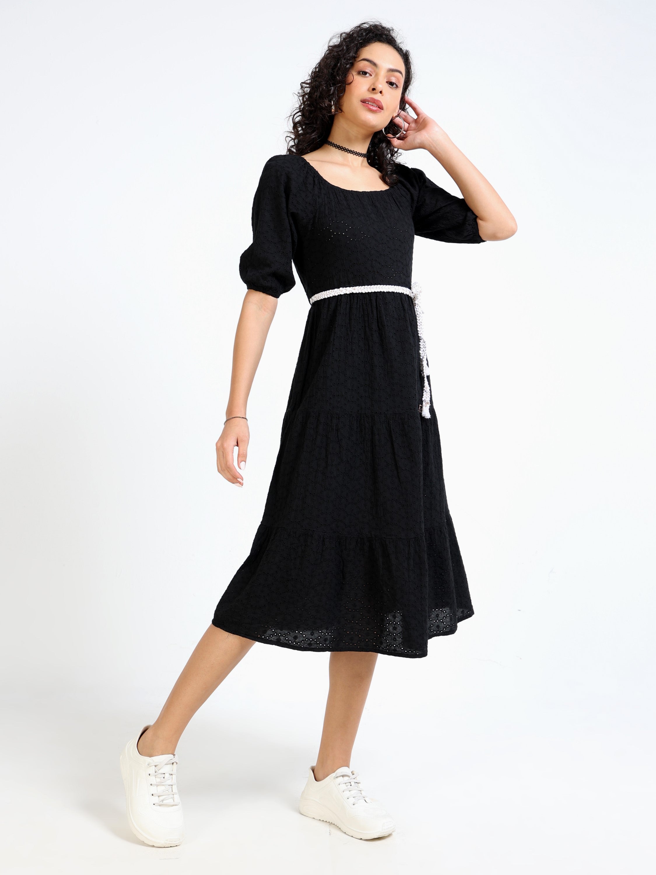 Women Black Shiffli Fit & Flare Dress