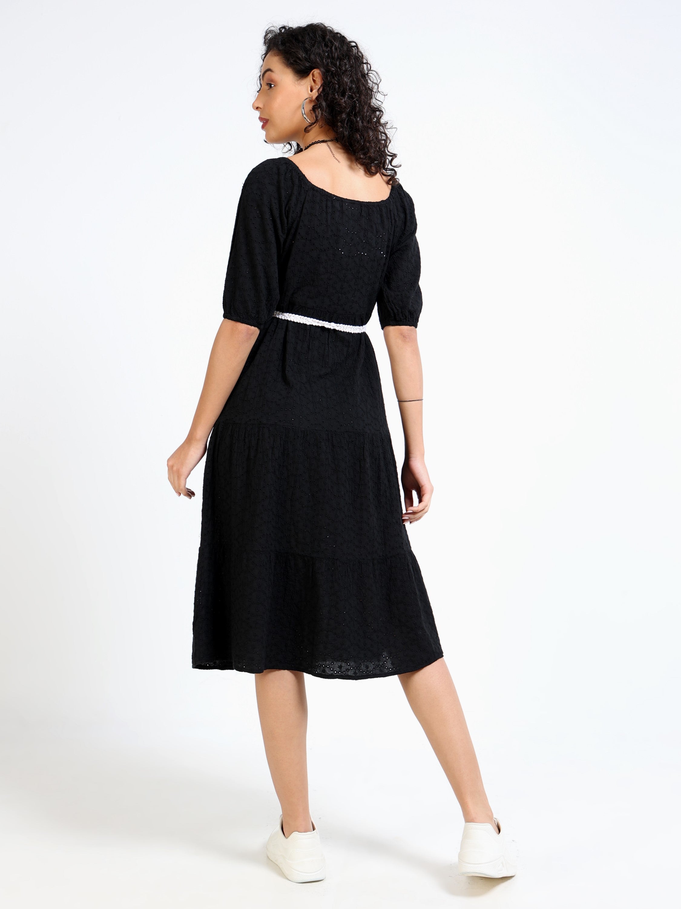 Women Black Shiffli Fit & Flare Dress