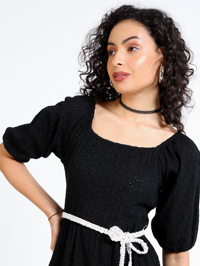 Women Black Shiffli Fit & Flare Dress
