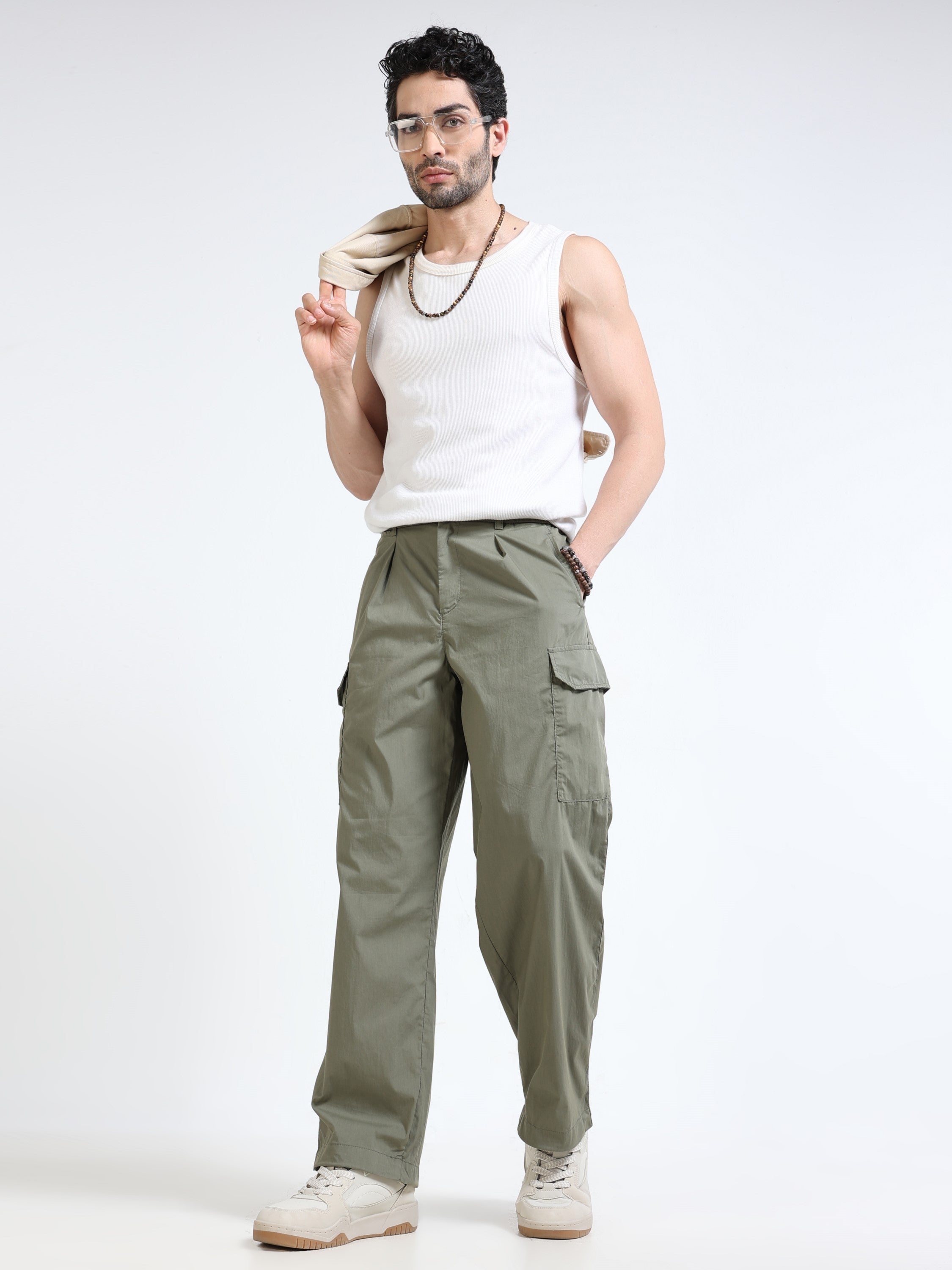 Men Olive Parachute Cargo Pants