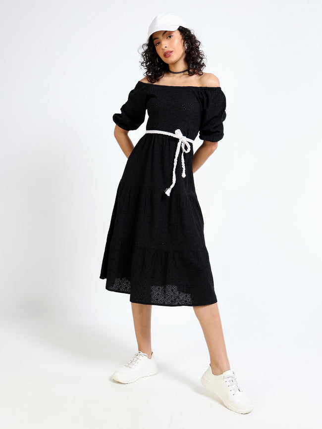 Women Black Shiffli Fit & Flare Dress