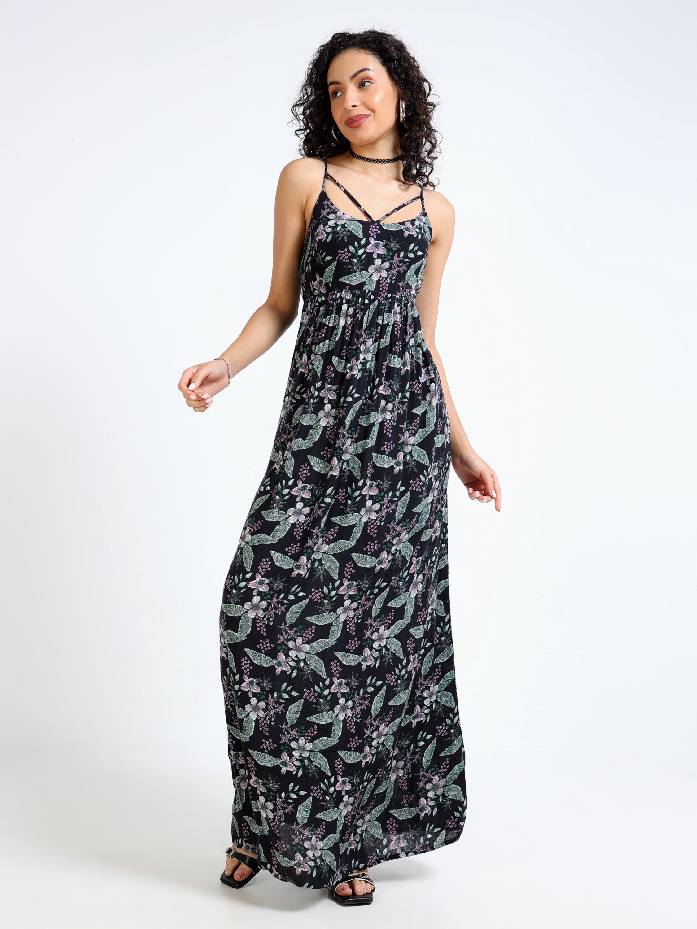 Women Black Tropical print Maxi Dress