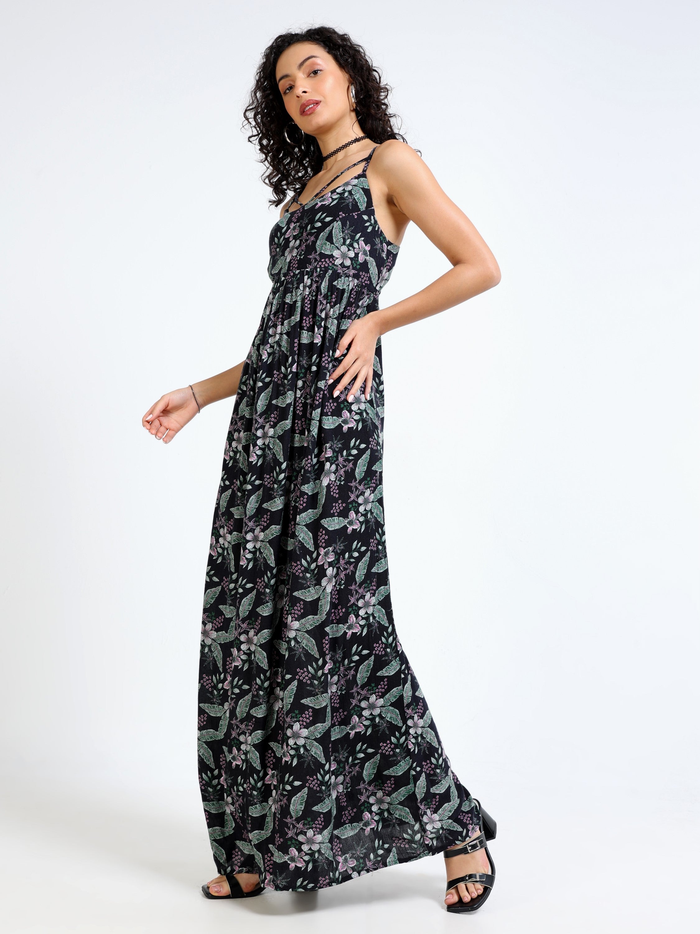 Women Black Tropical print Maxi Dress