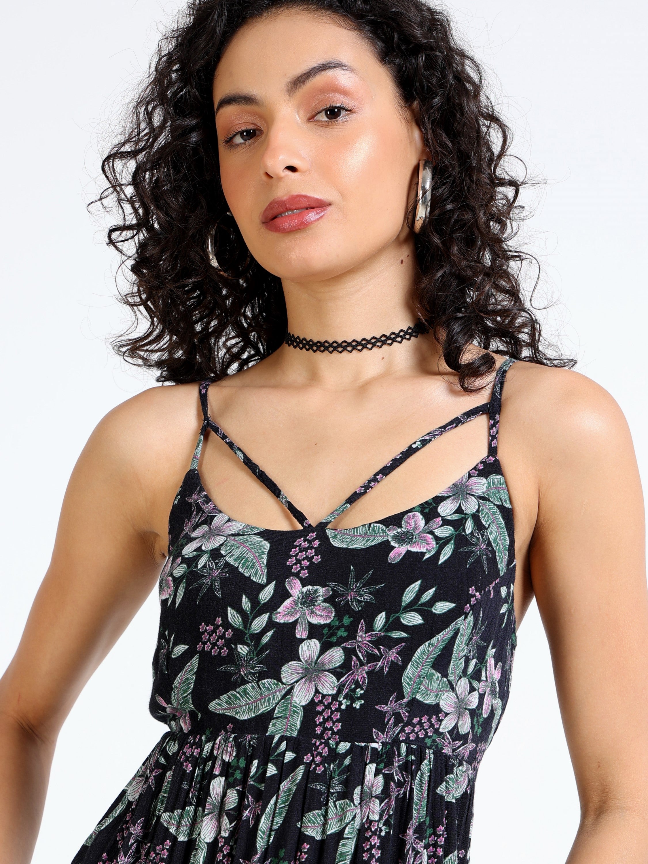 Women Black Tropical print Maxi Dress