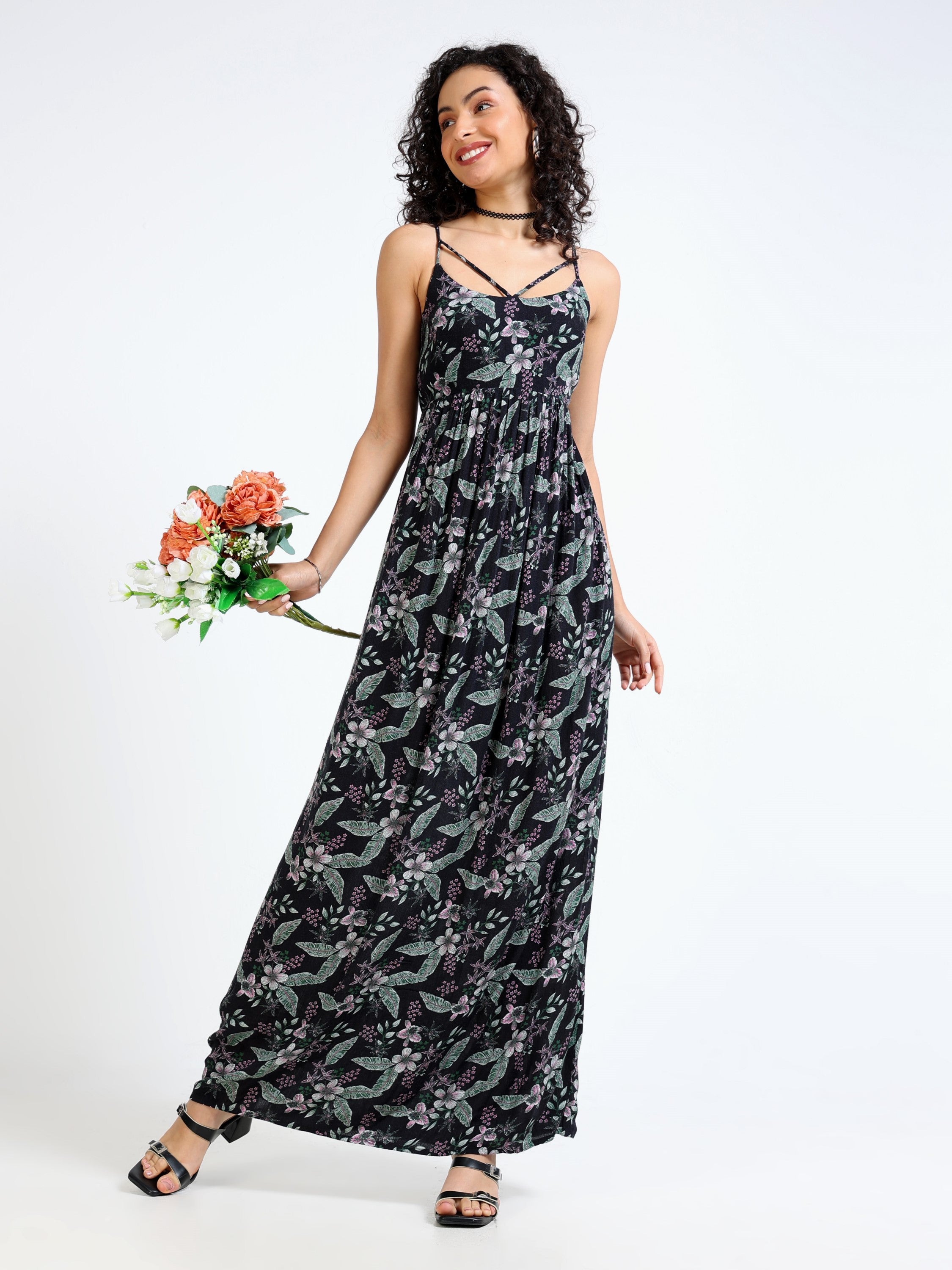 Women Black Tropical print Maxi Dress