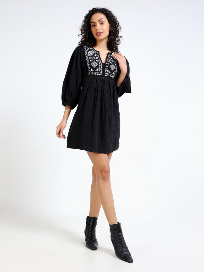 Women Black Embroidered Dress