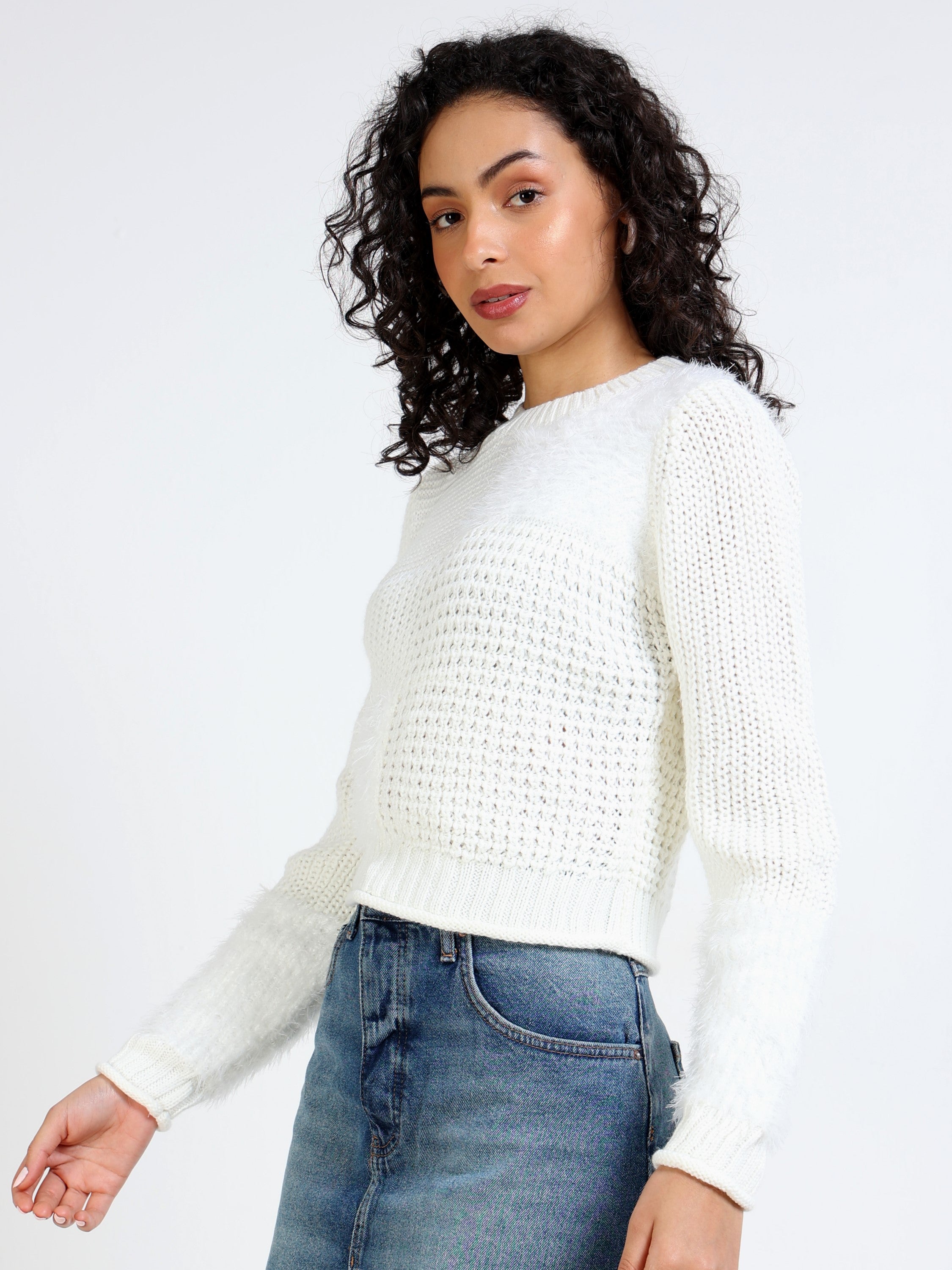 Women White Crew Neck Sweater