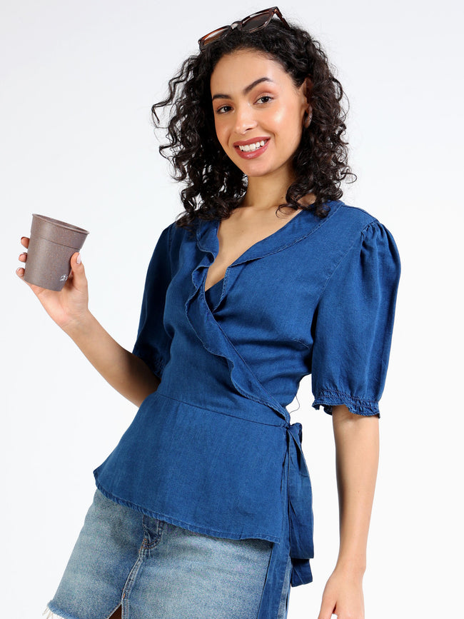 Women Blue Wrap Around Top