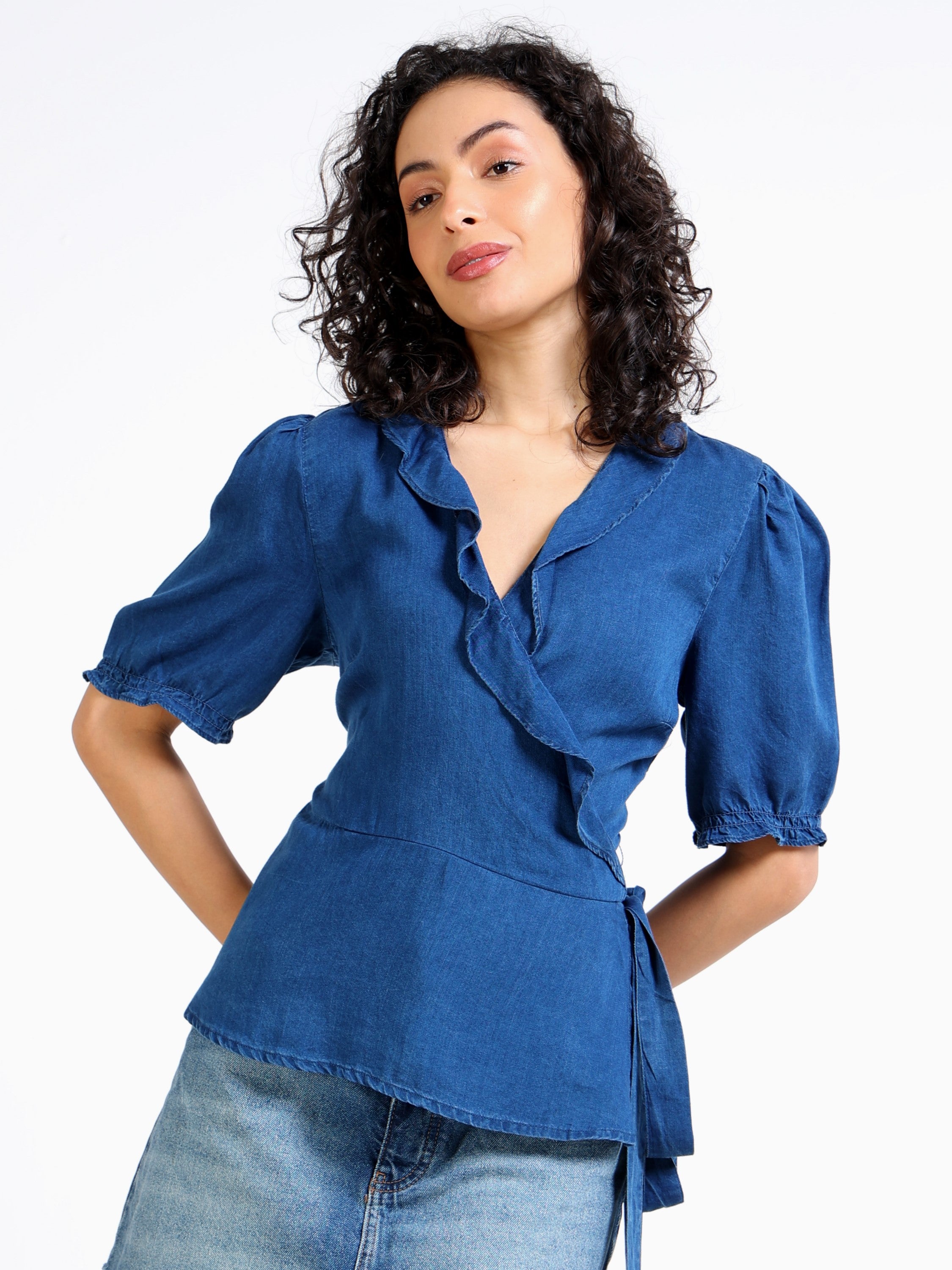 Women Blue Wrap Around Top