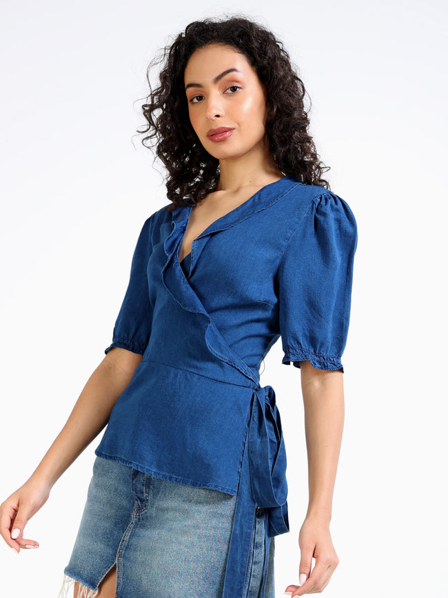 Women Blue Wrap Around Top