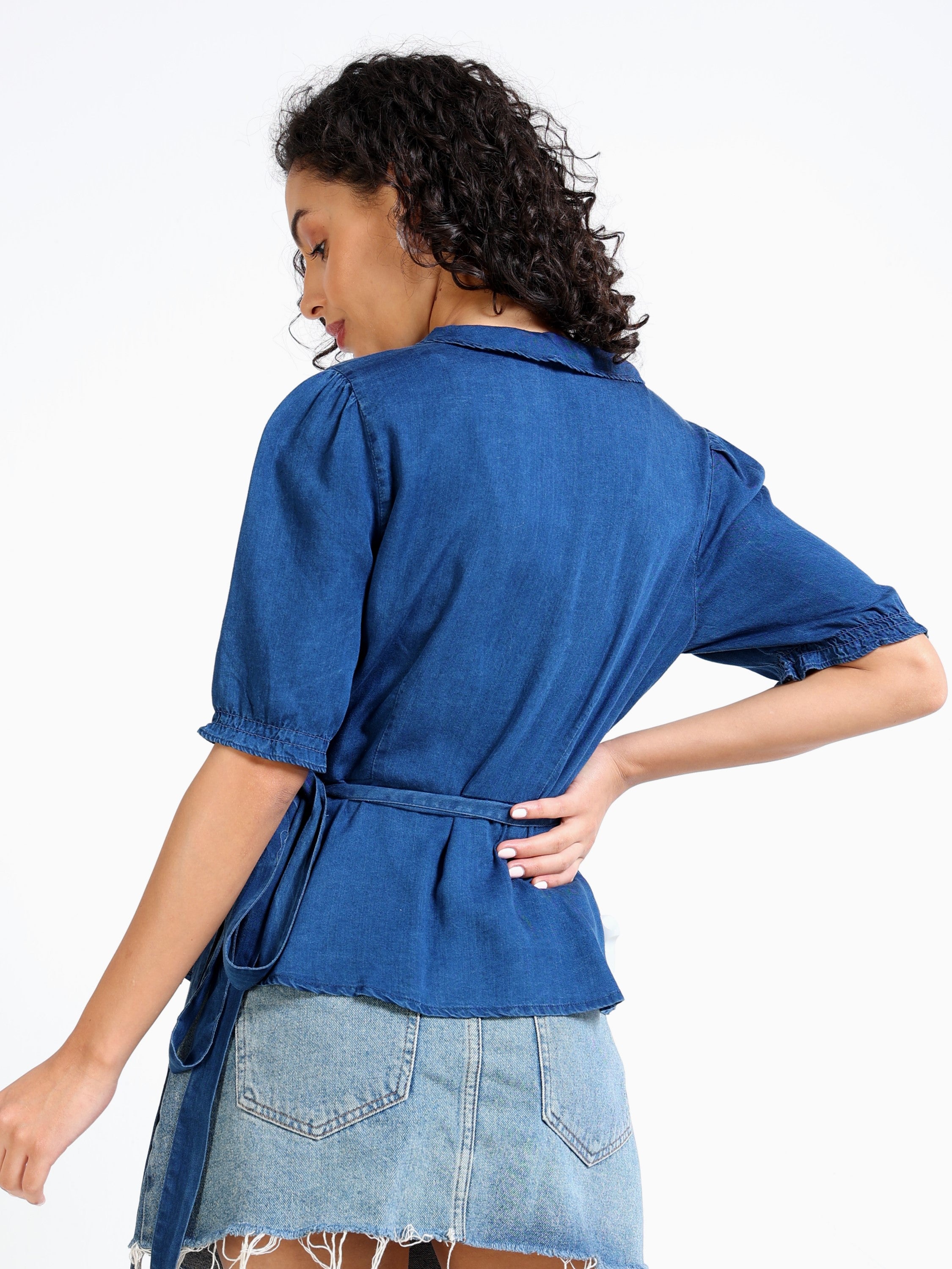 Women Blue Wrap Around Top
