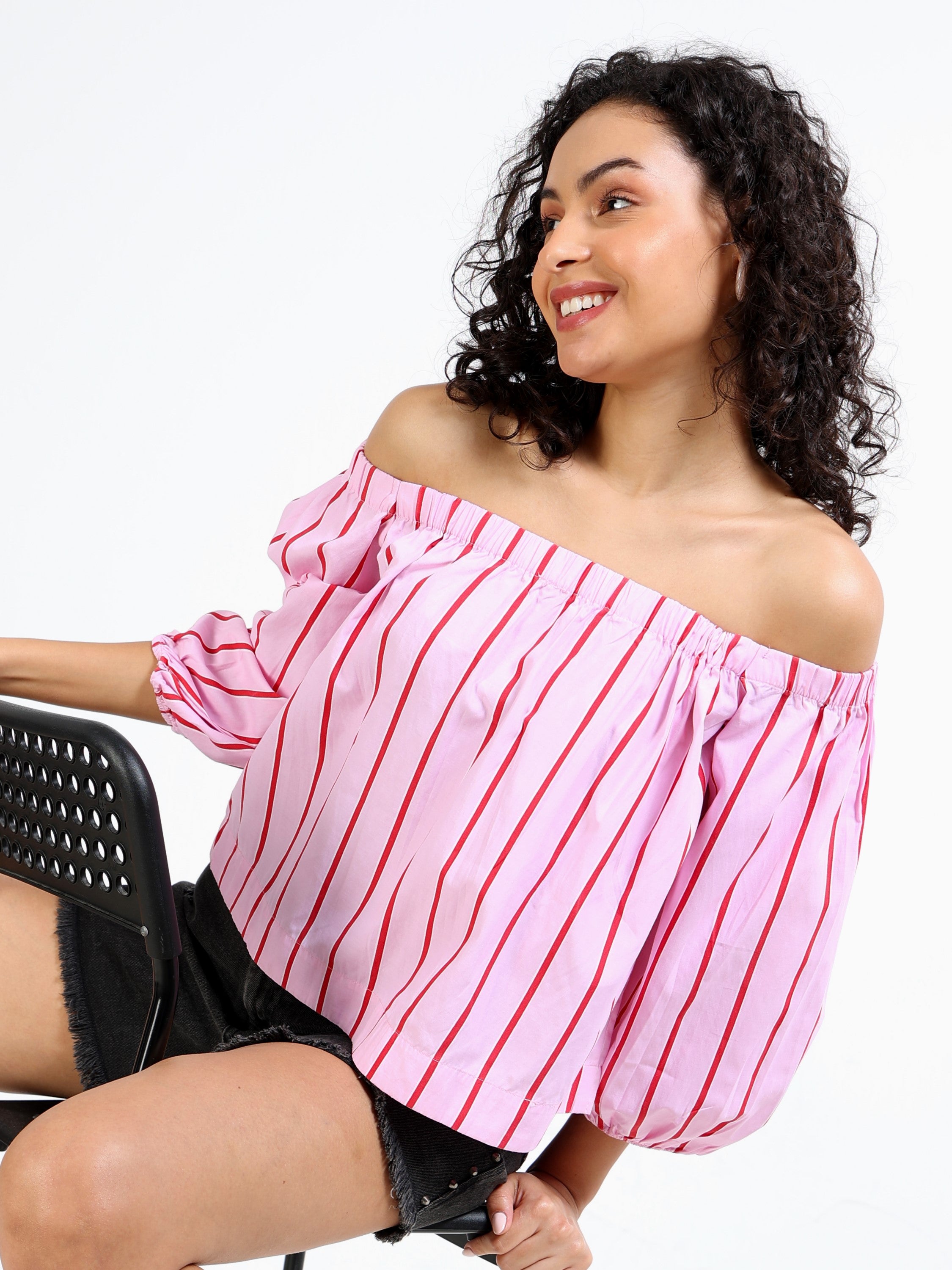 Women Pink Stripe Off shoulder Top