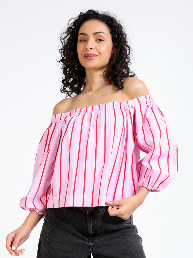 Women Pink Stripe Off shoulder Top