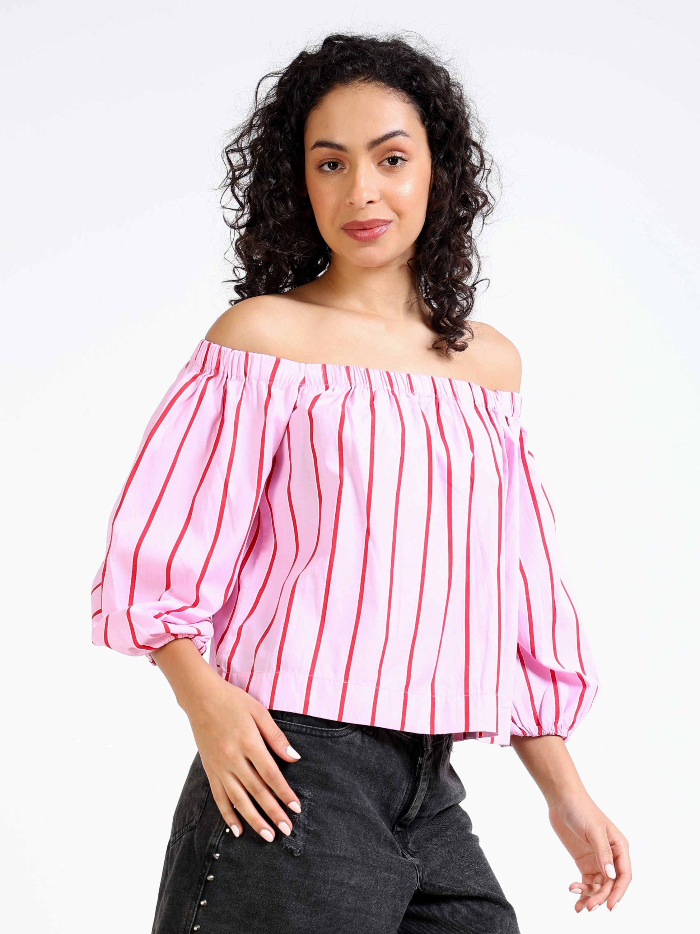 Women Pink Stripe Off shoulder Top