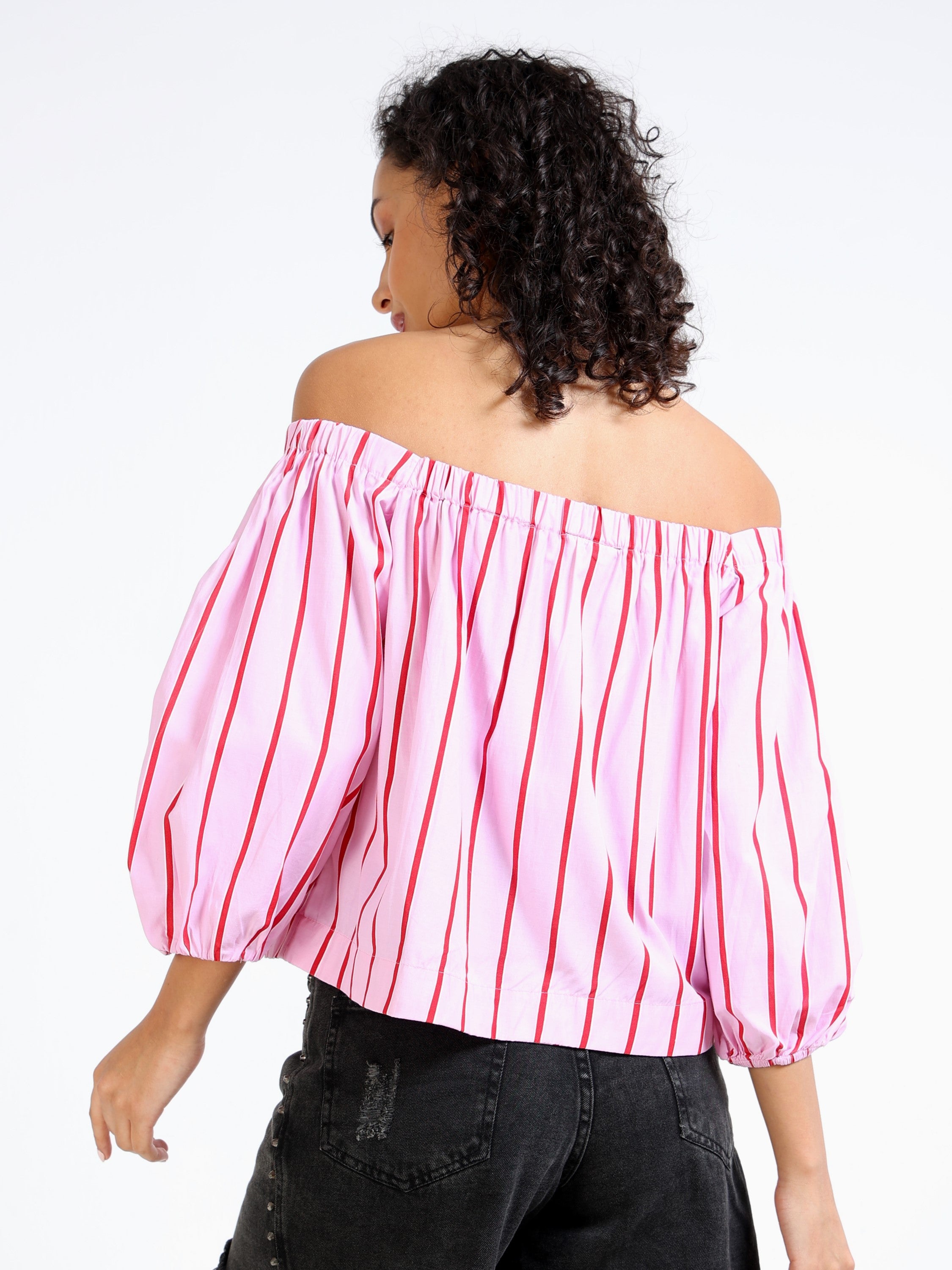 Women Pink Stripe Off shoulder Top
