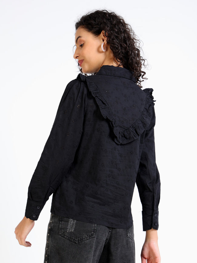 Women Black Frilled Neckline Top